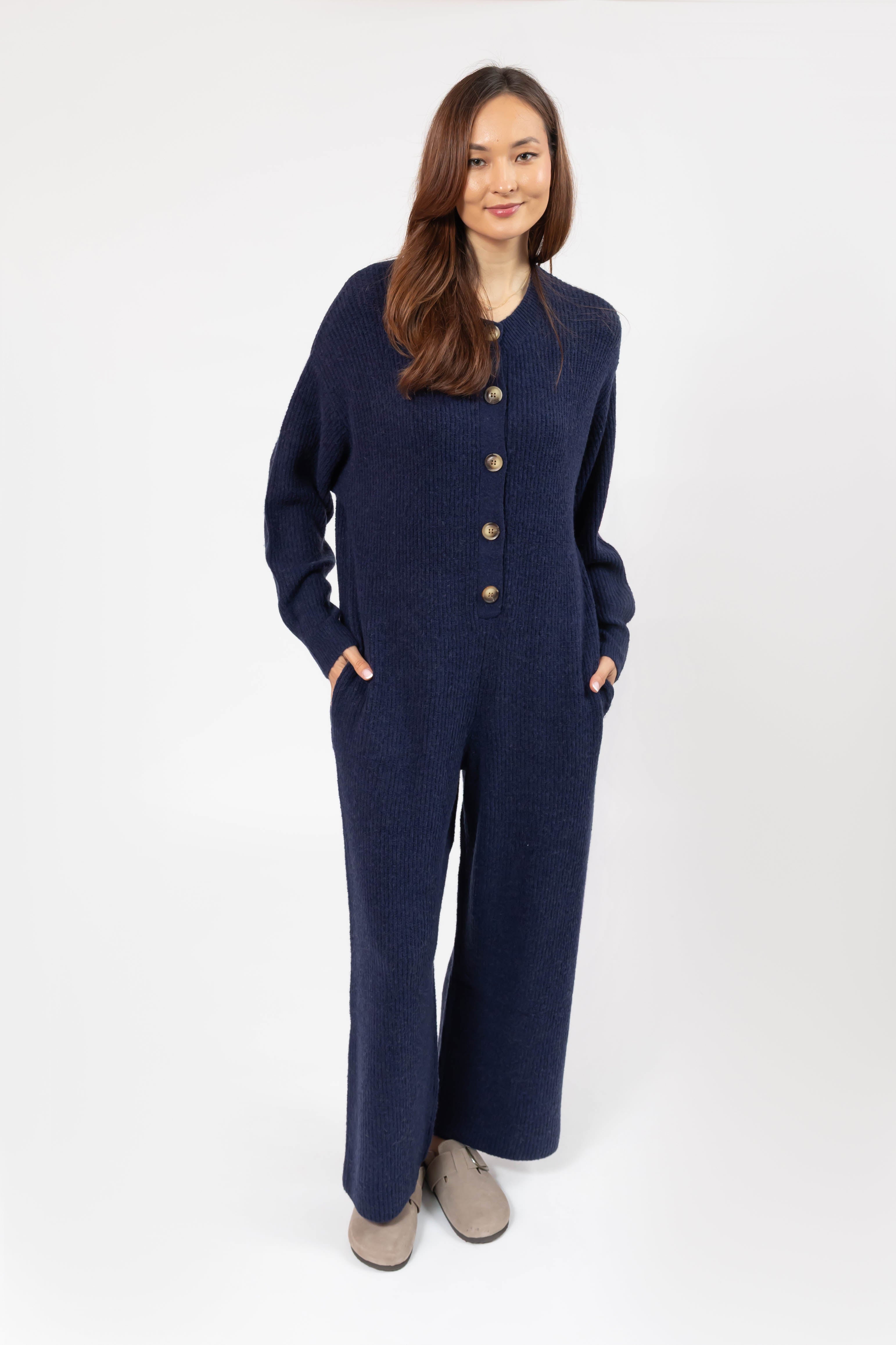 Millie Ribbed Wide Leg Romper in Dark Navy