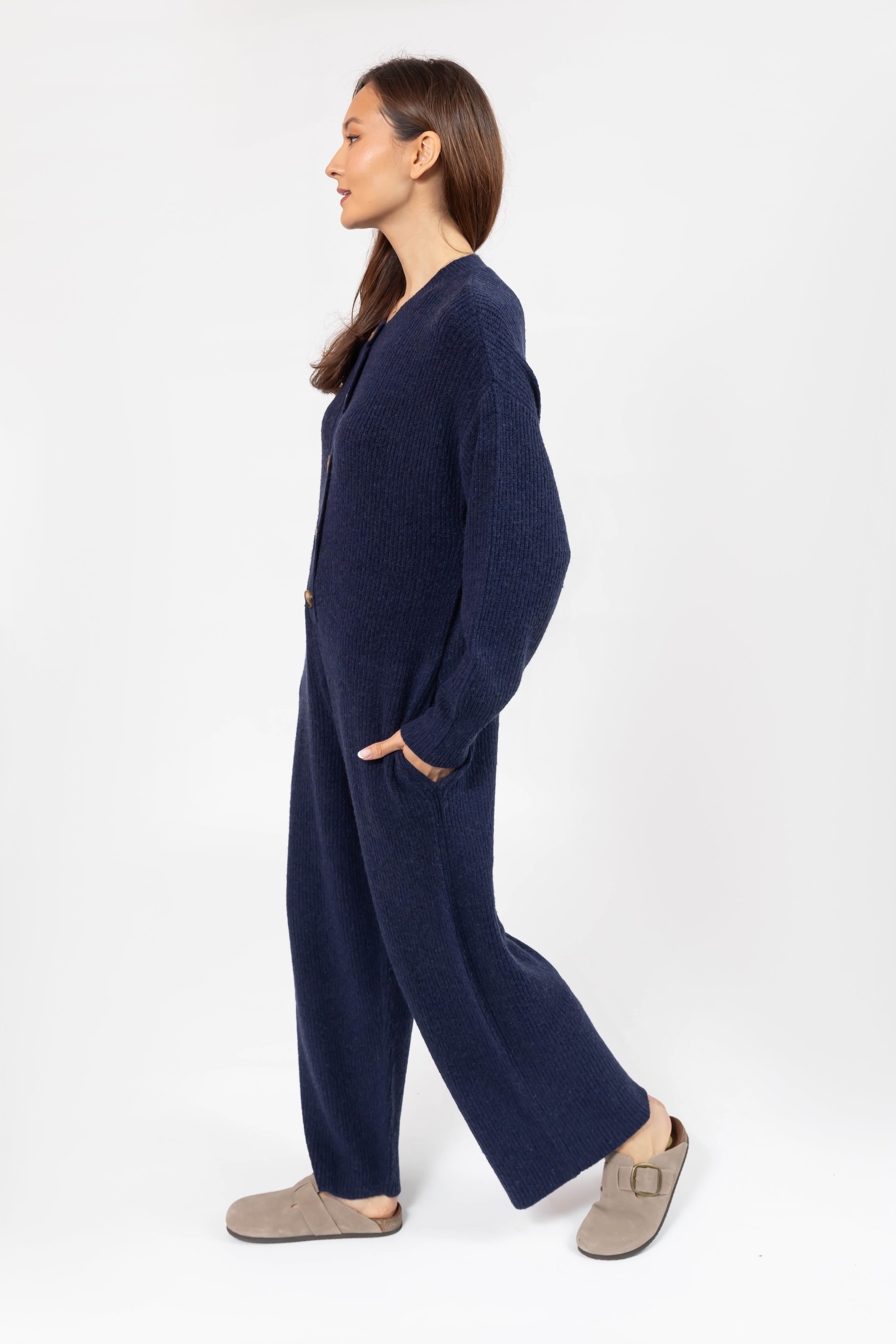Millie Ribbed Wide Leg Romper in Dark Navy