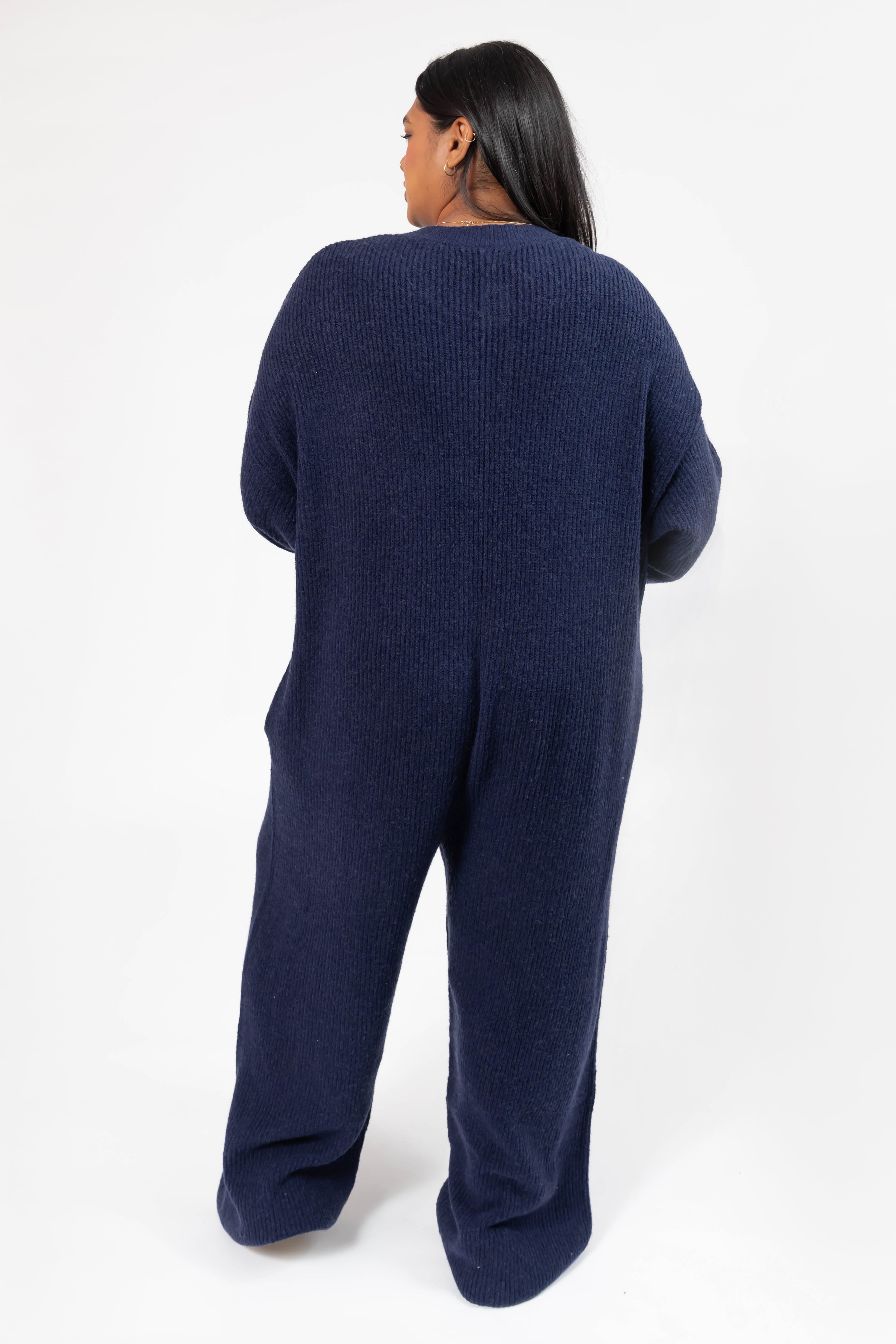 Millie Ribbed Wide Leg Romper in Dark Navy