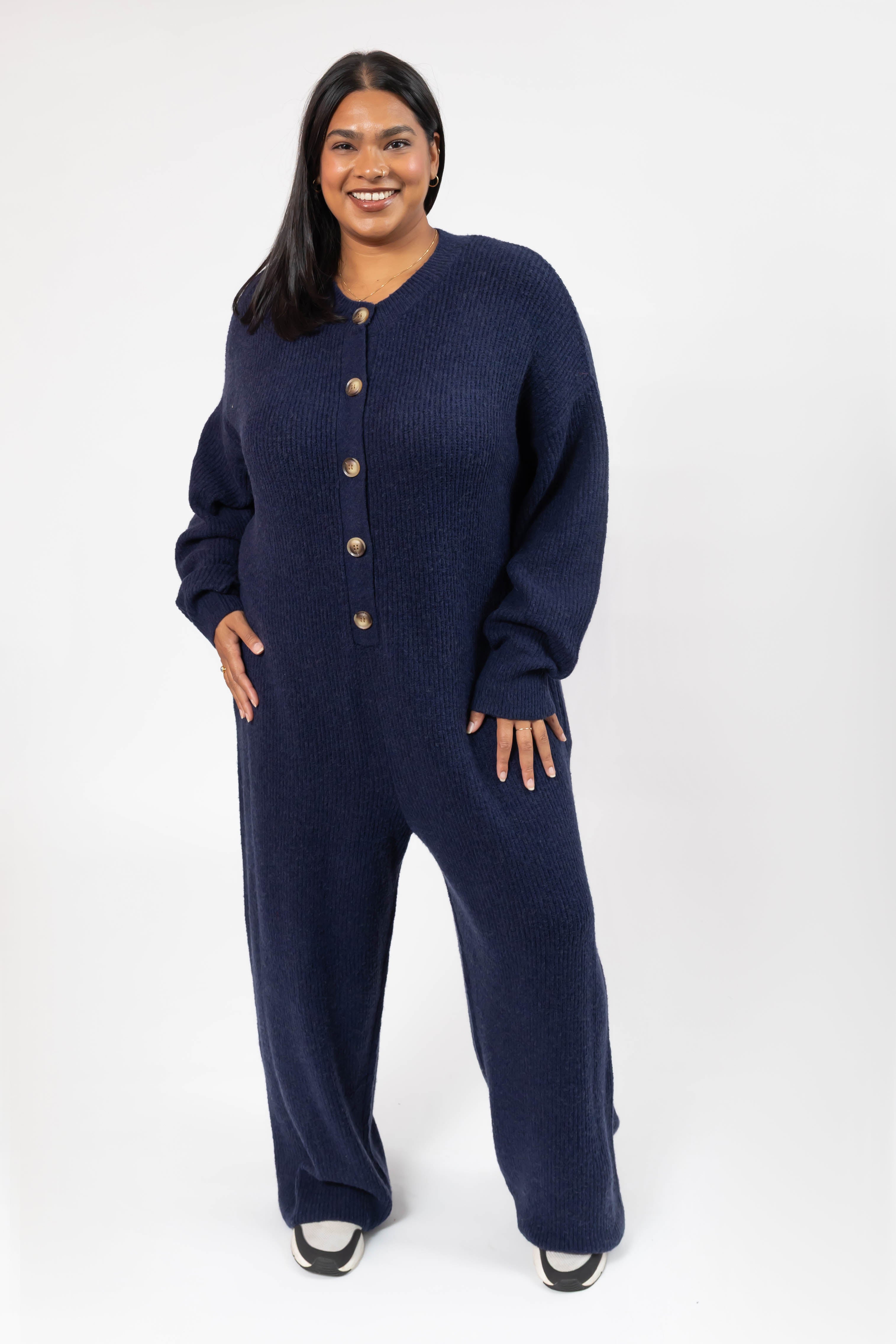 Millie Ribbed Wide Leg Romper in Dark Navy