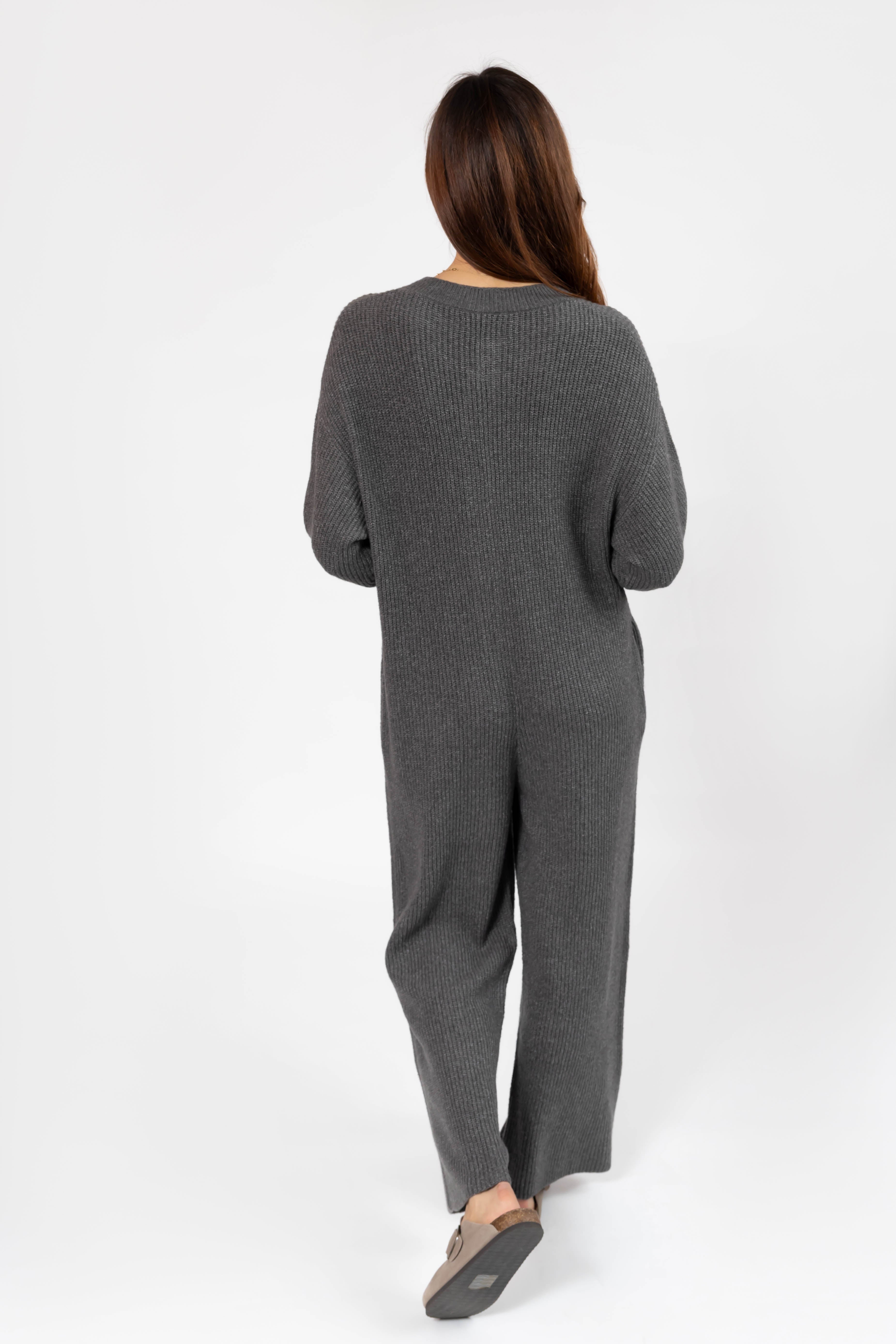 Millie Ribbed Wide Leg Romper in Heather Charcoal