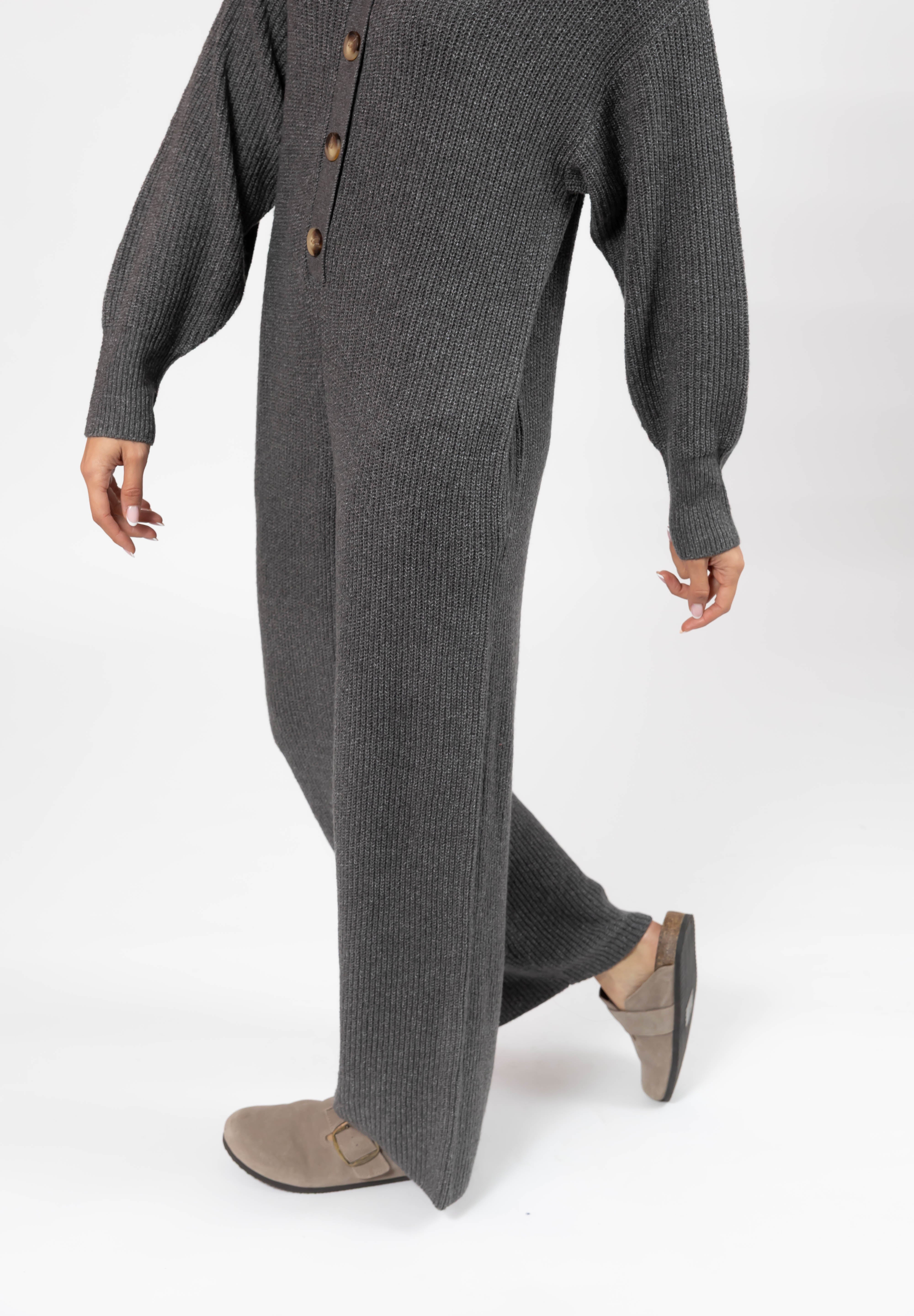 Millie Ribbed Wide Leg Romper in Heather Charcoal