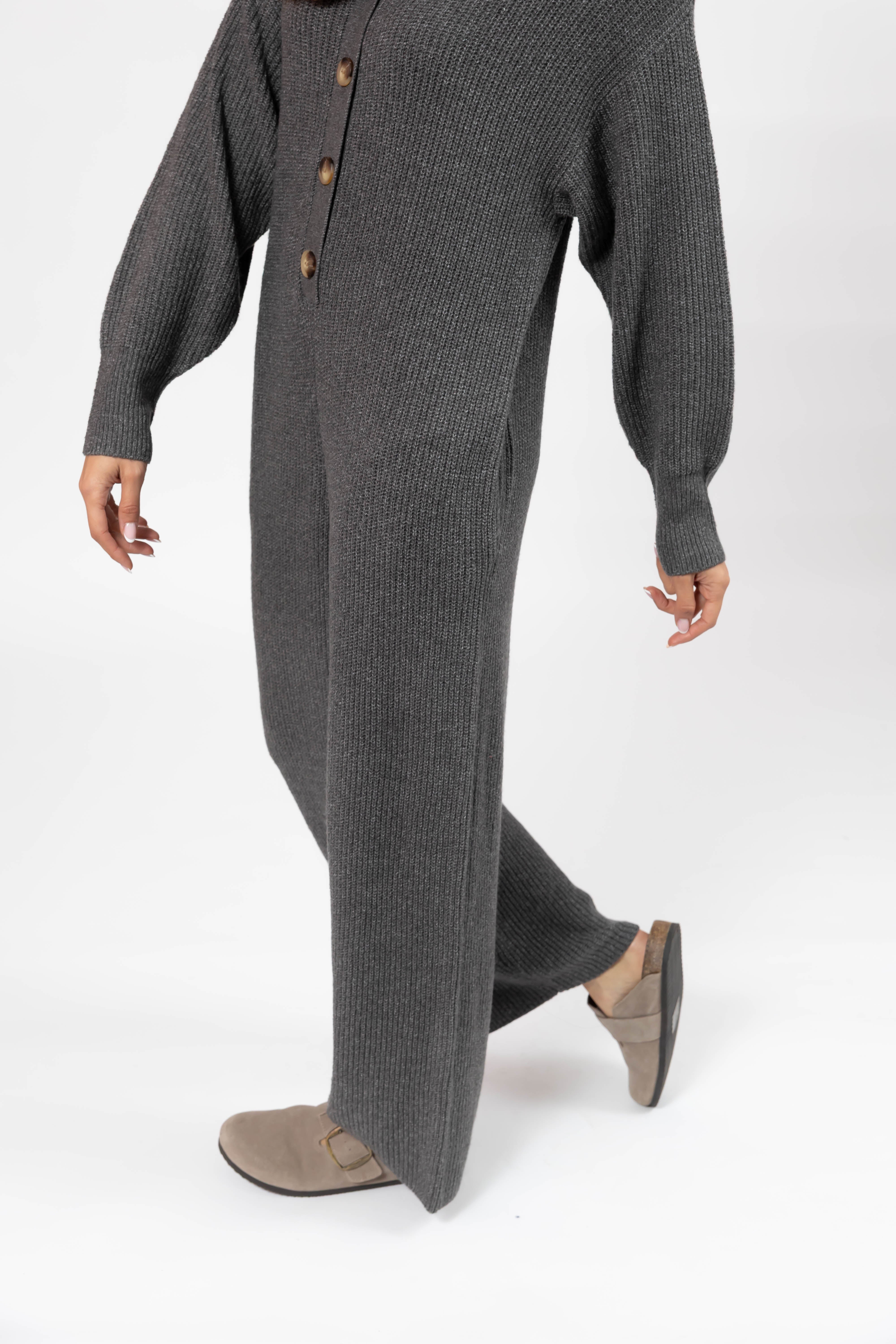 Millie Ribbed Wide Leg Romper in Heather Charcoal