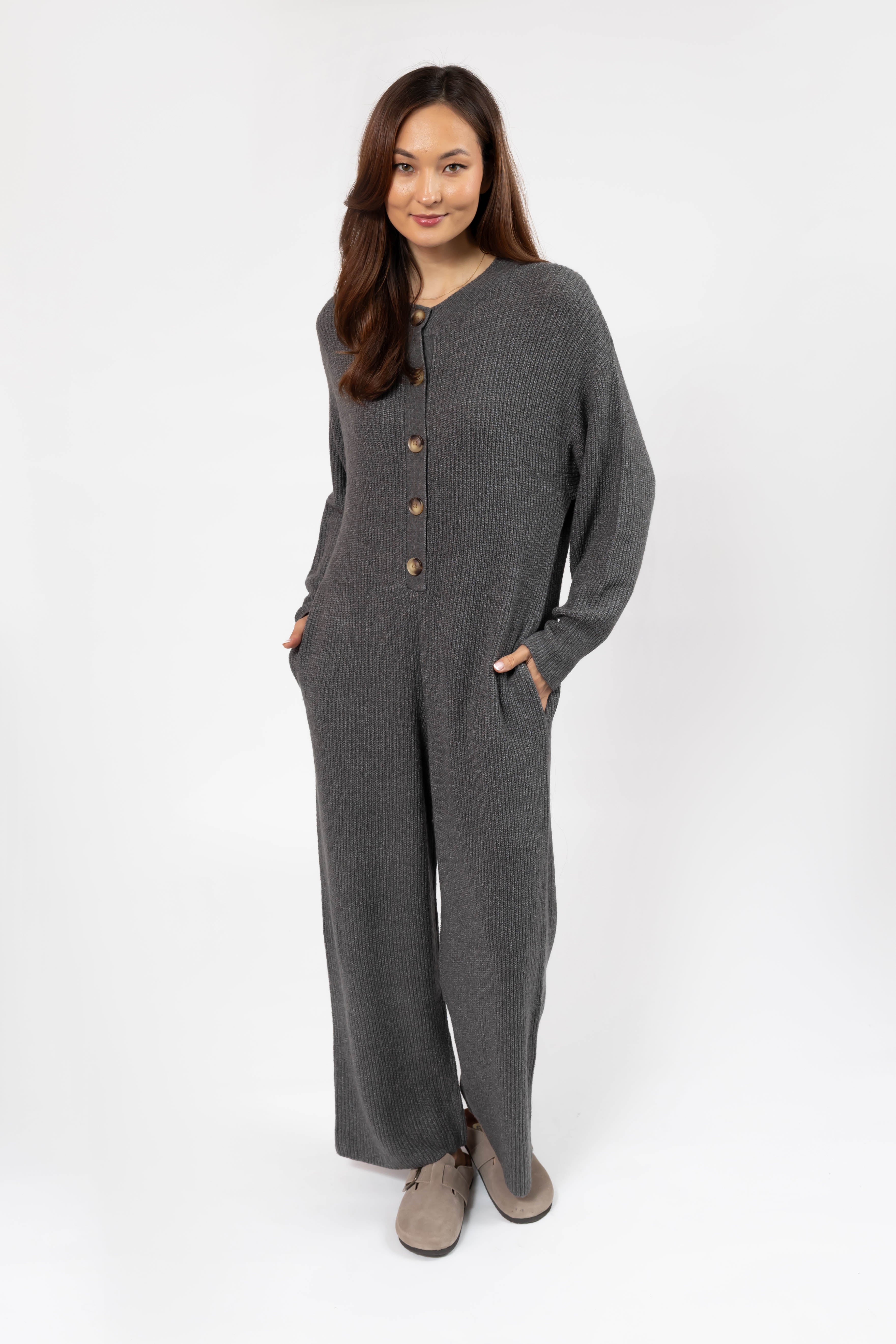 Millie Ribbed Wide Leg Romper in Heather Charcoal