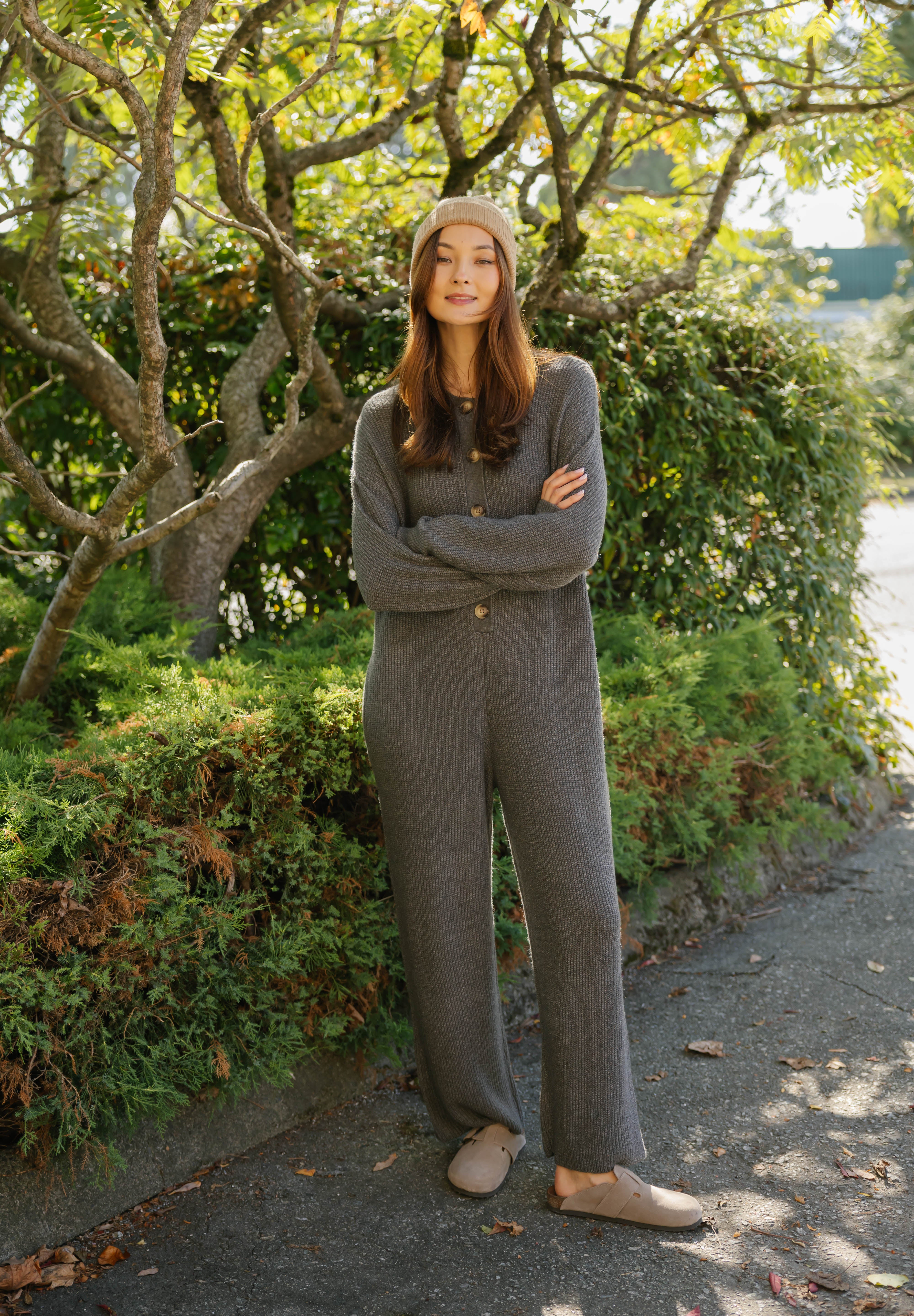 Millie Ribbed Wide Leg Romper in Heather Charcoal