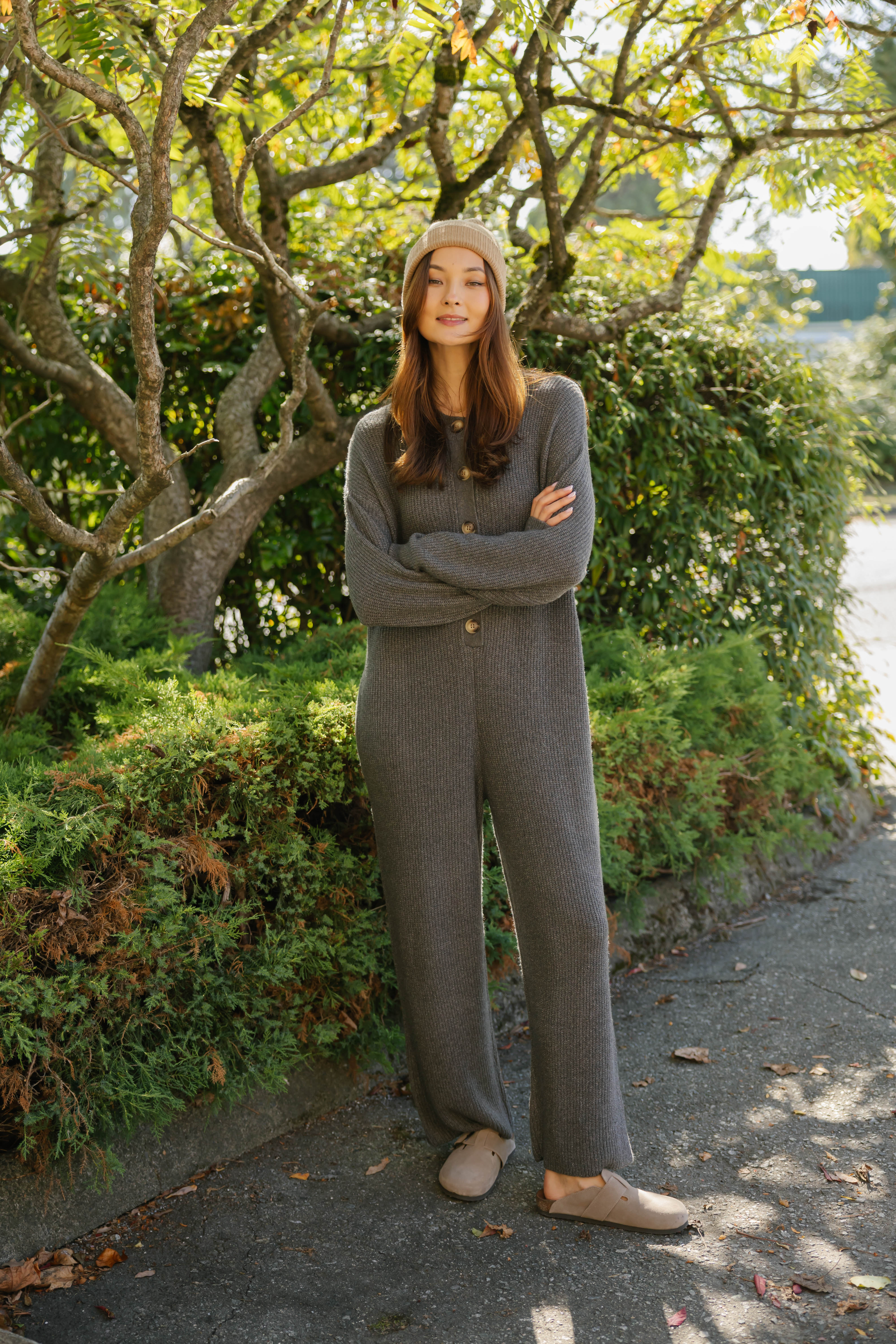 Millie Ribbed Wide Leg Romper in Heather Charcoal