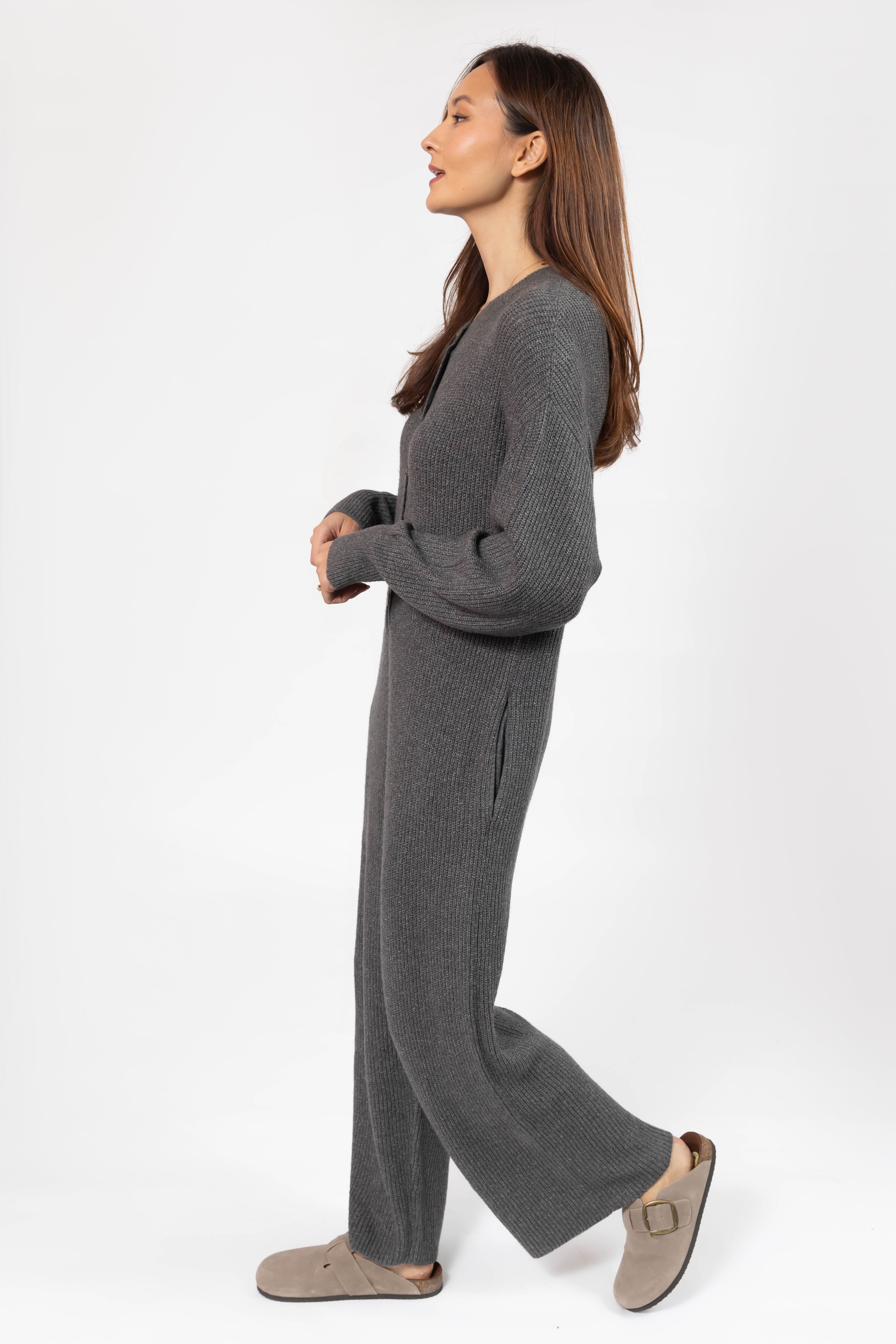 Millie Ribbed Wide Leg Romper in Heather Charcoal
