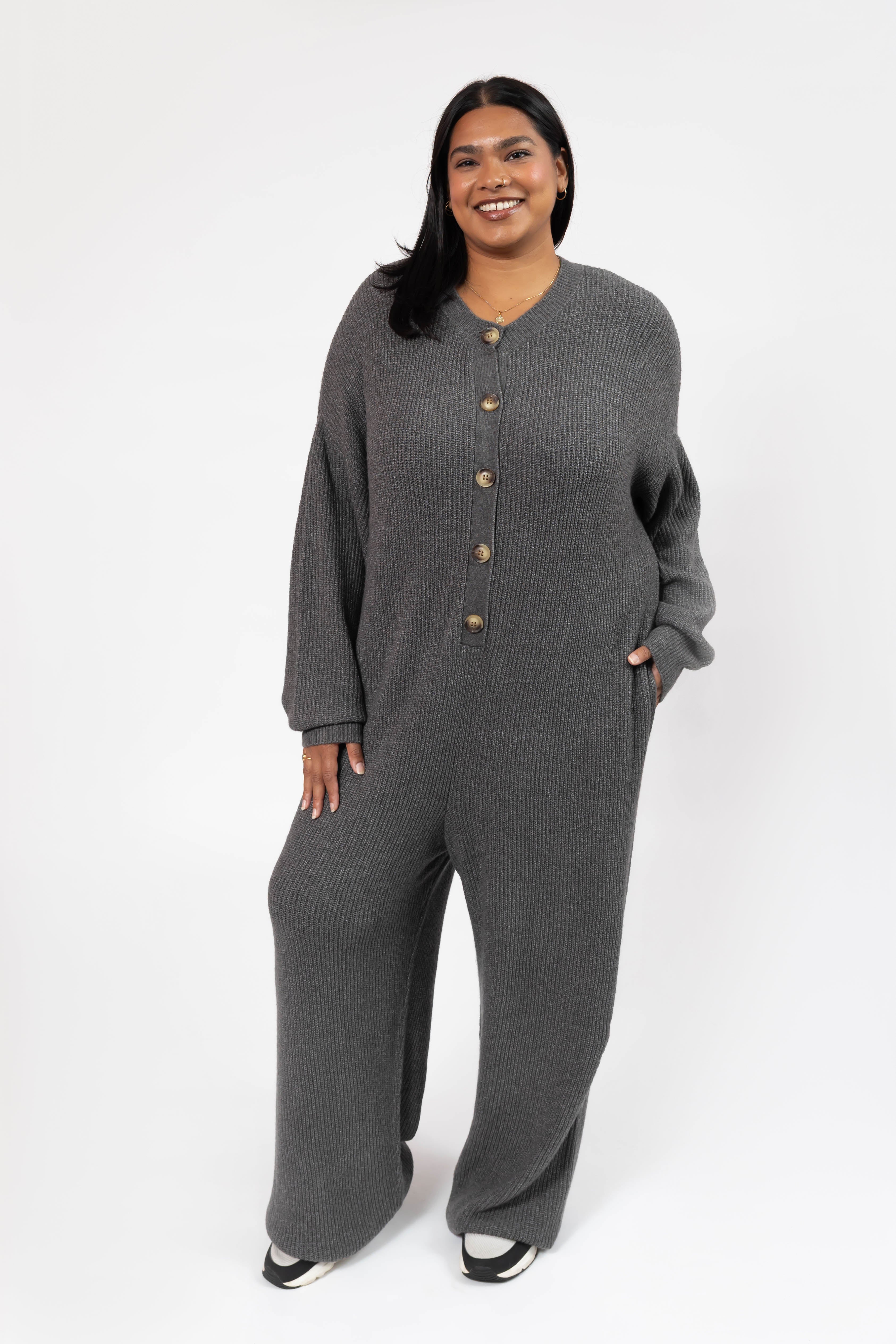 Millie Ribbed Wide Leg Romper in Heather Charcoal