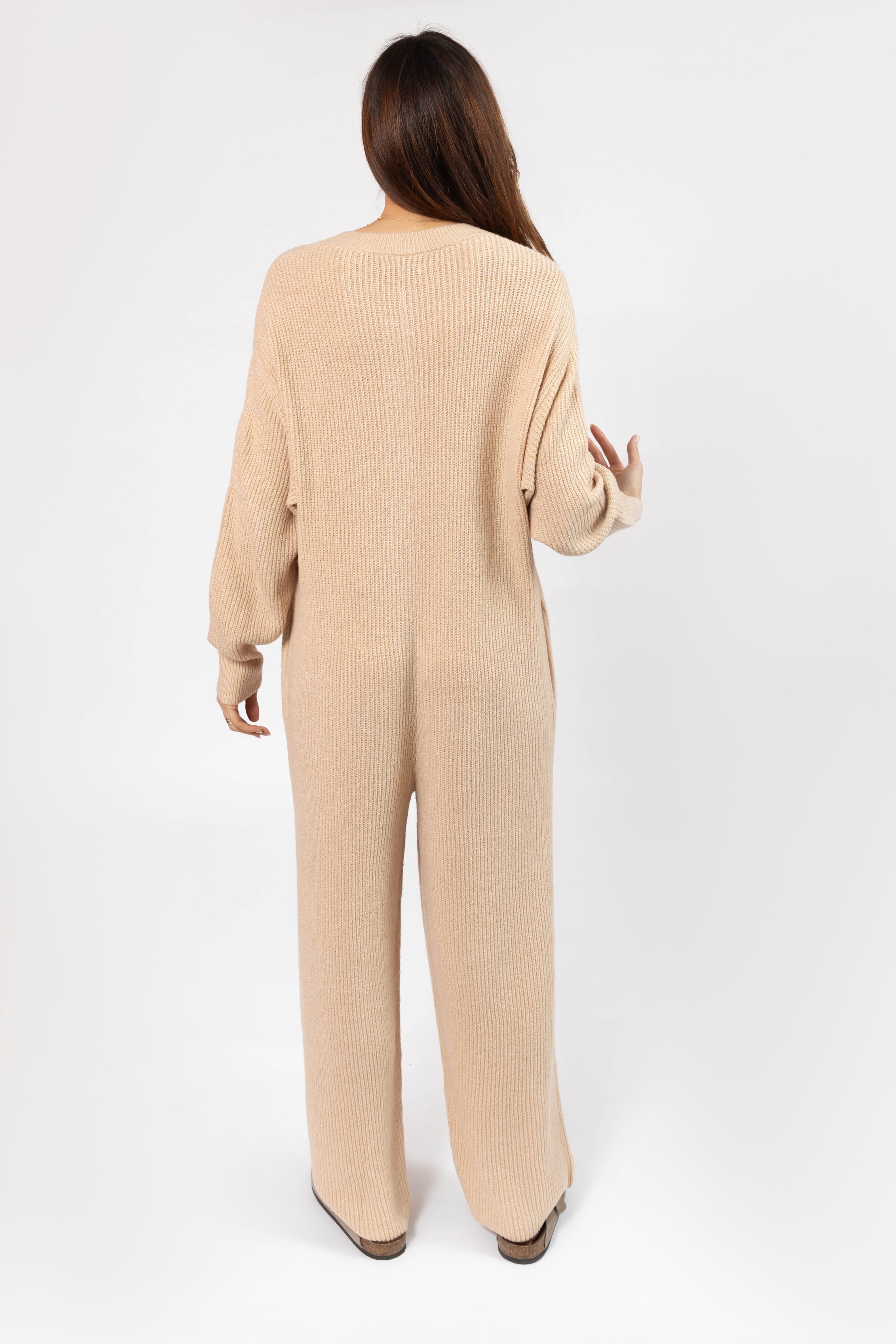 Millie Ribbed Wide Leg Romper in Toasted Beige