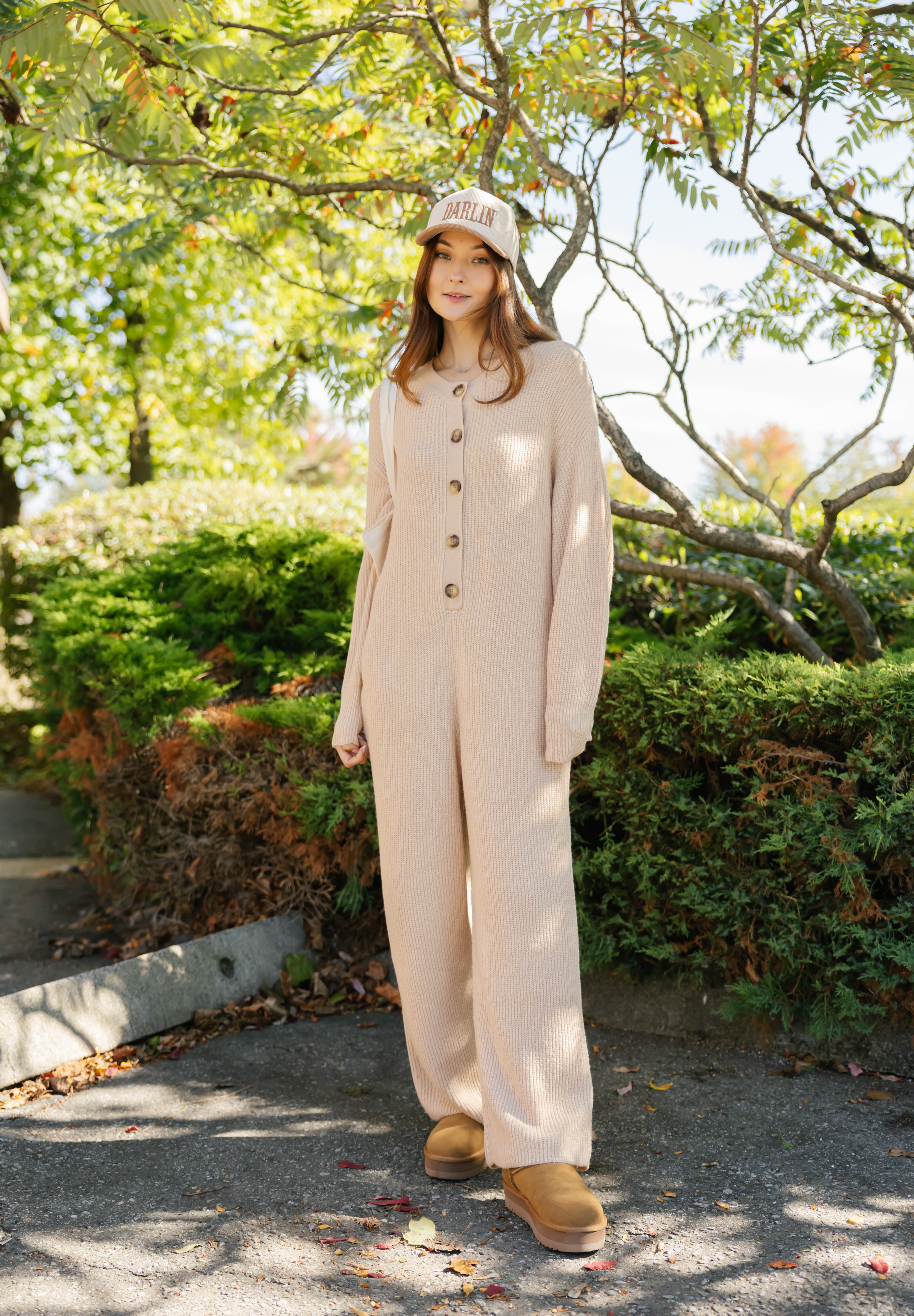 Millie Ribbed Wide Leg Romper in Toasted Beige