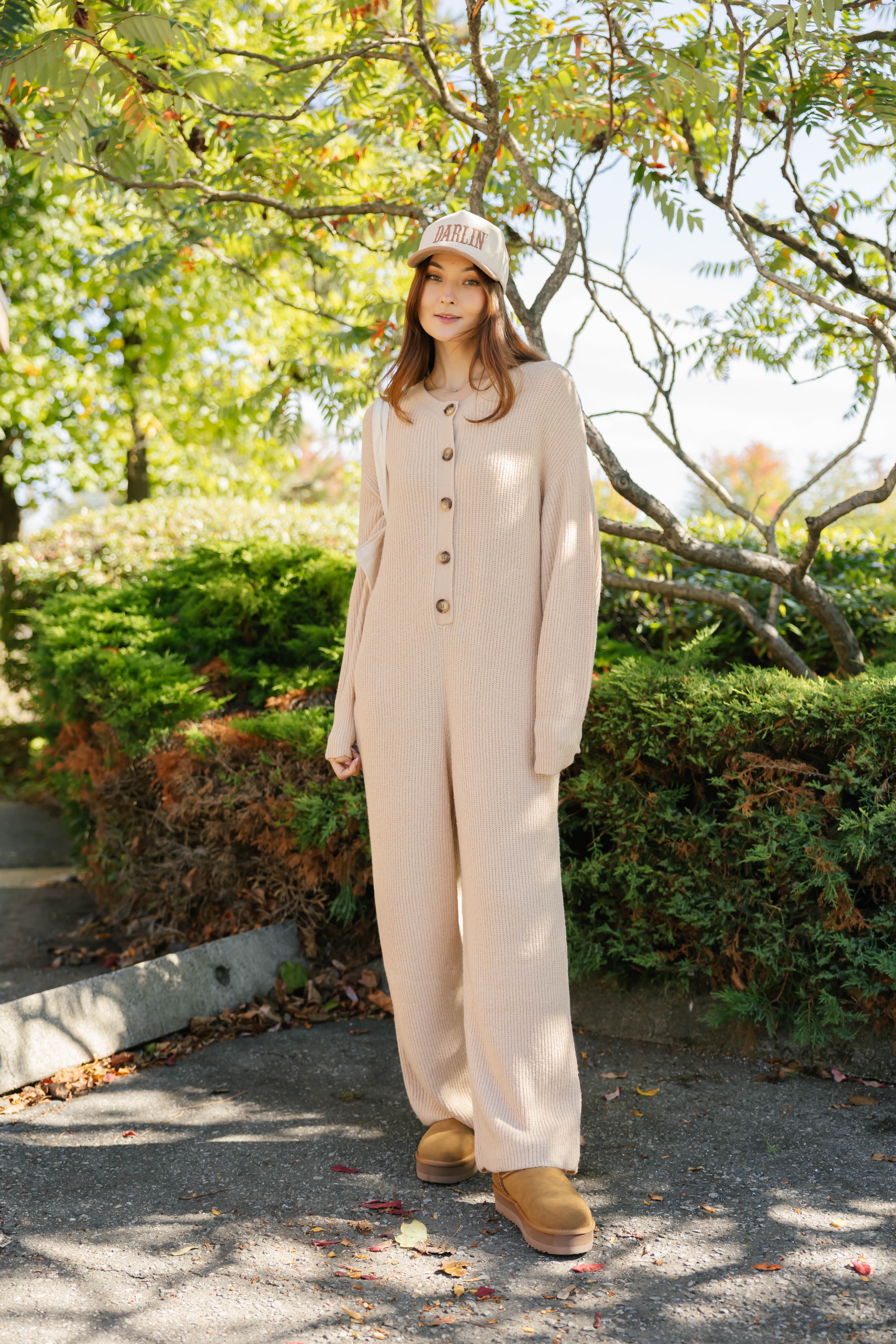 Millie Ribbed Wide Leg Romper in Toasted Beige