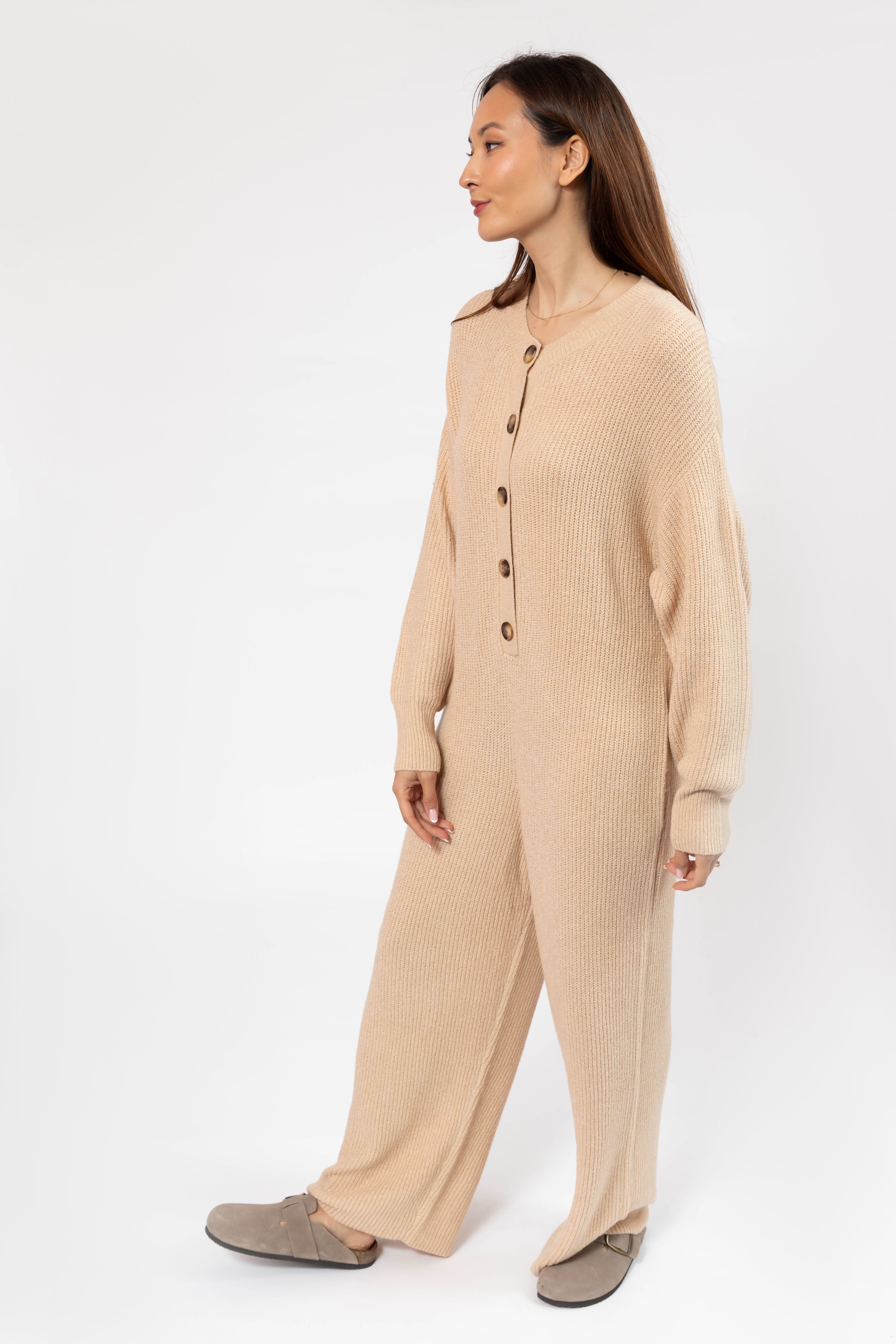 Millie Ribbed Wide Leg Romper in Toasted Beige