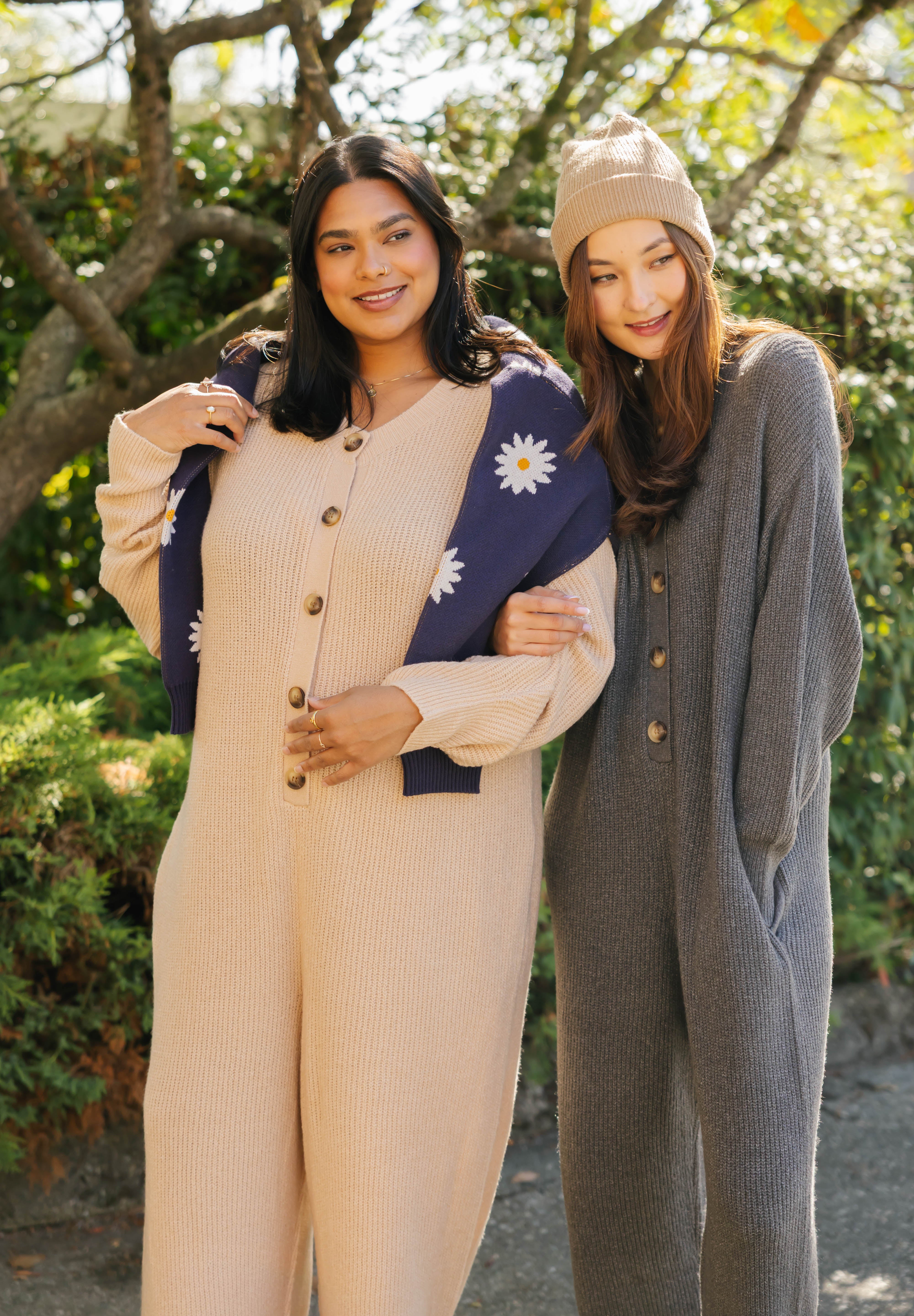 Millie Ribbed Wide Leg Romper in Toasted Beige