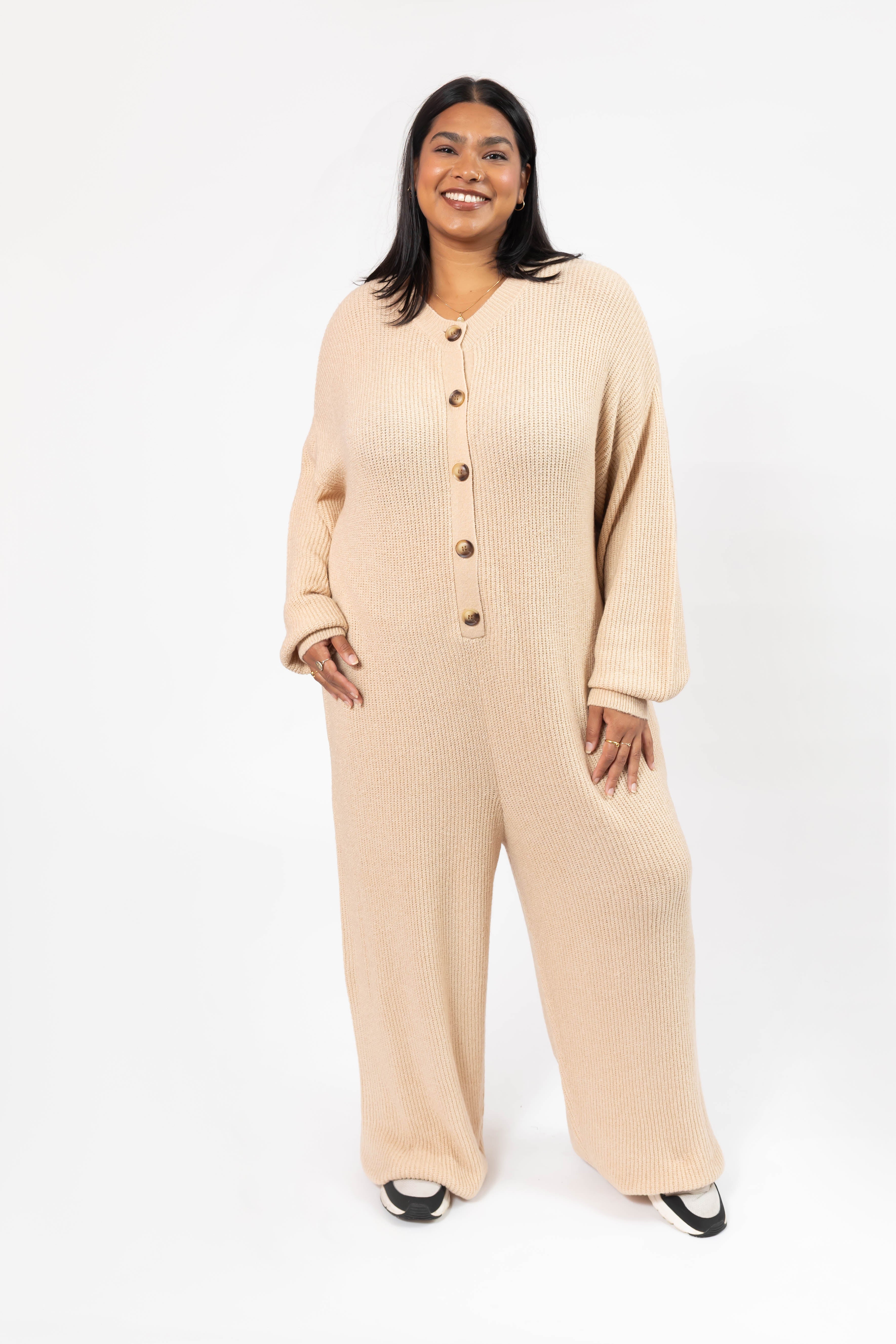 Millie Ribbed Wide Leg Romper in Toasted Beige