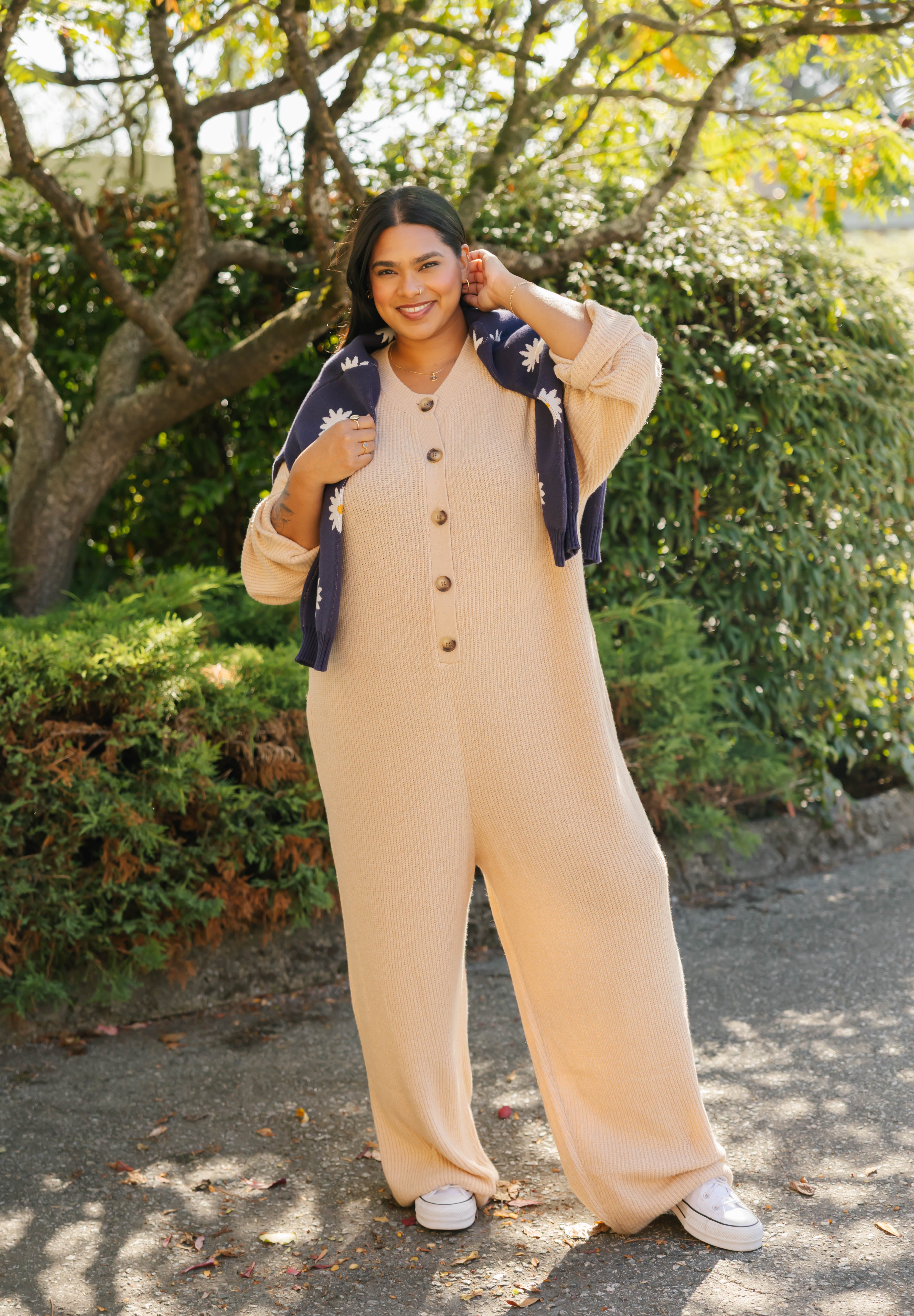 Millie Ribbed Wide Leg Romper in Toasted Beige