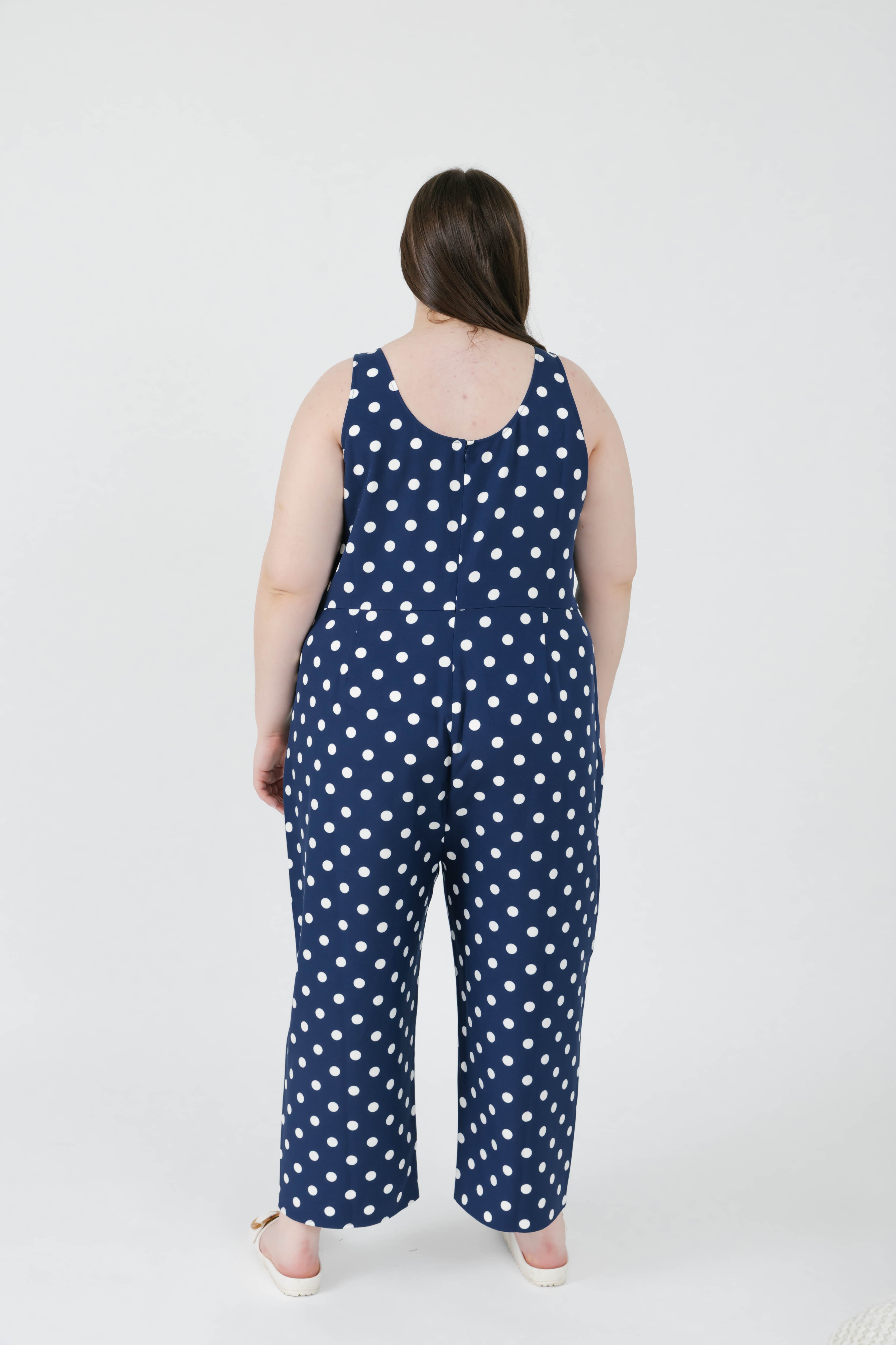 Lucy Polka Dot Cropped Romper in Navy Blue