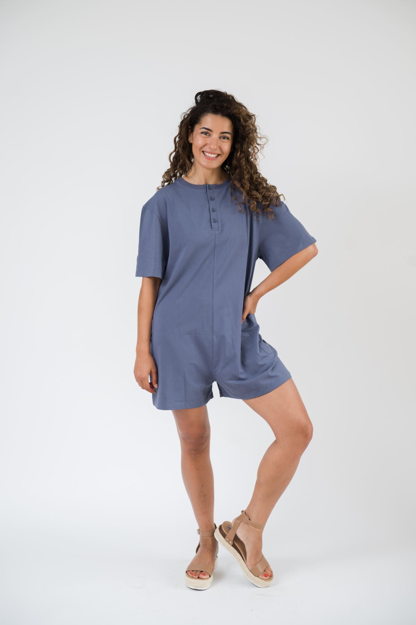 Nadia Shorty Romper in Dusk Blue