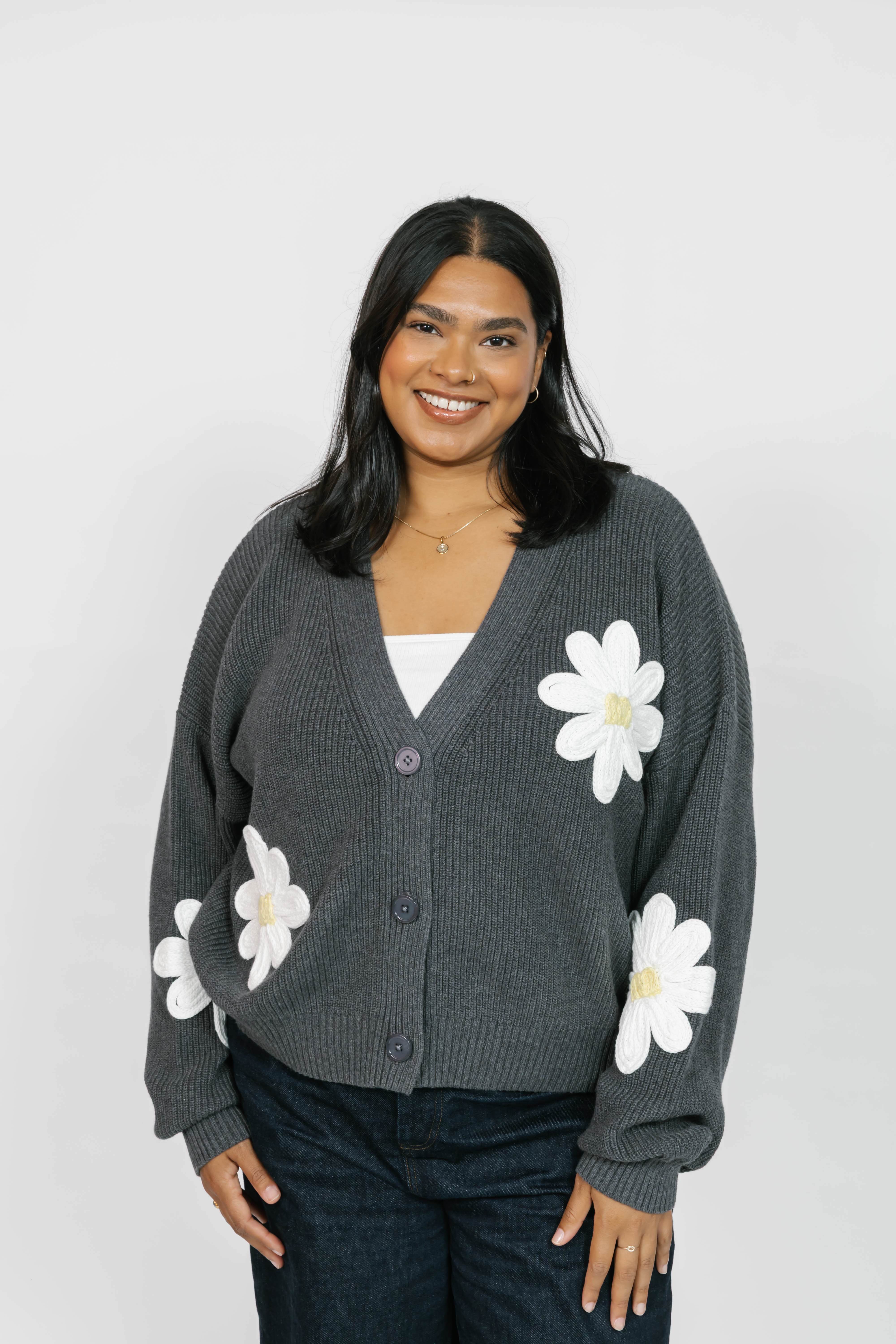 Nora Daisy Cardigan in Dark Grey/Ivory
