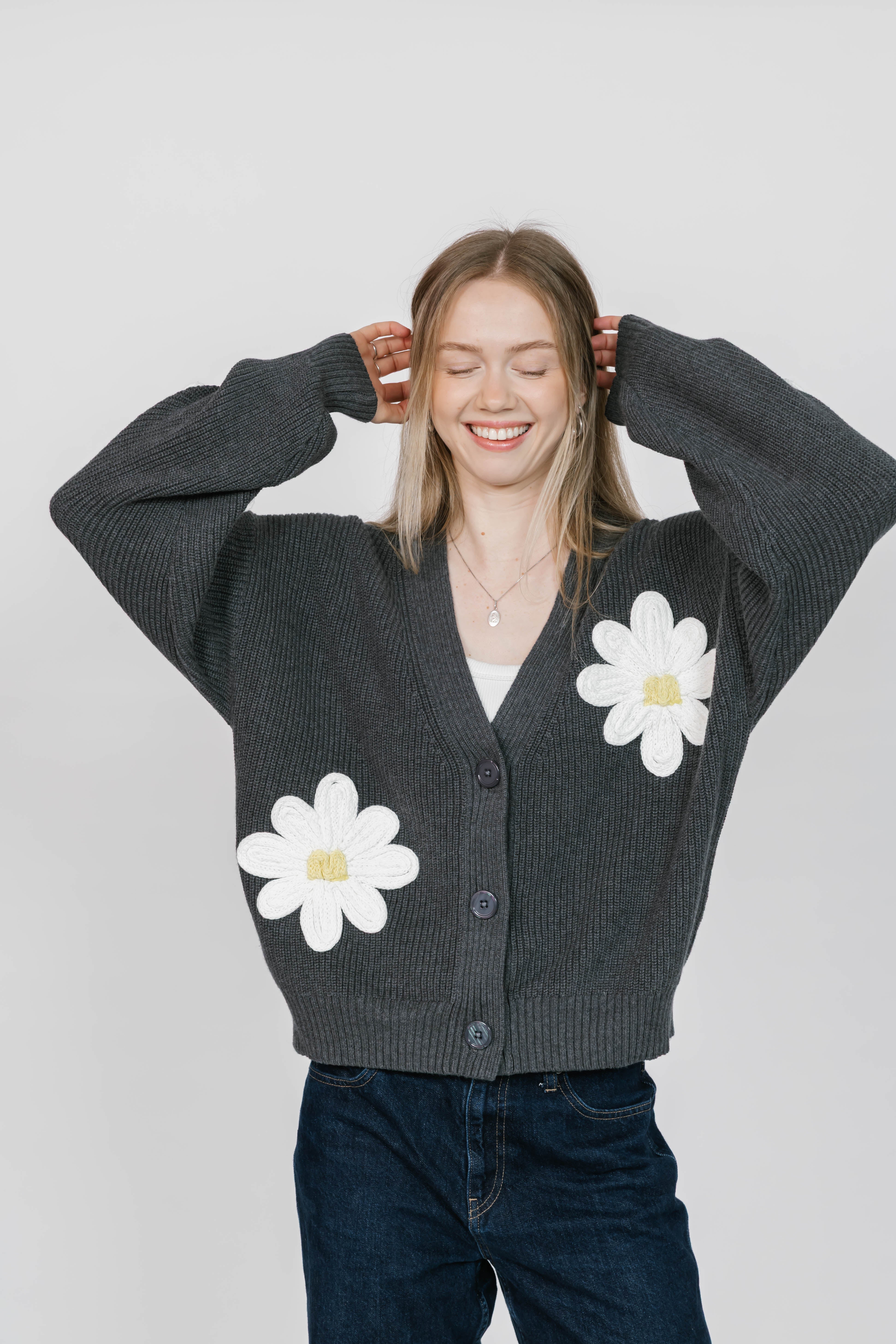 Nora Daisy Cardigan in Dark Grey/Ivory