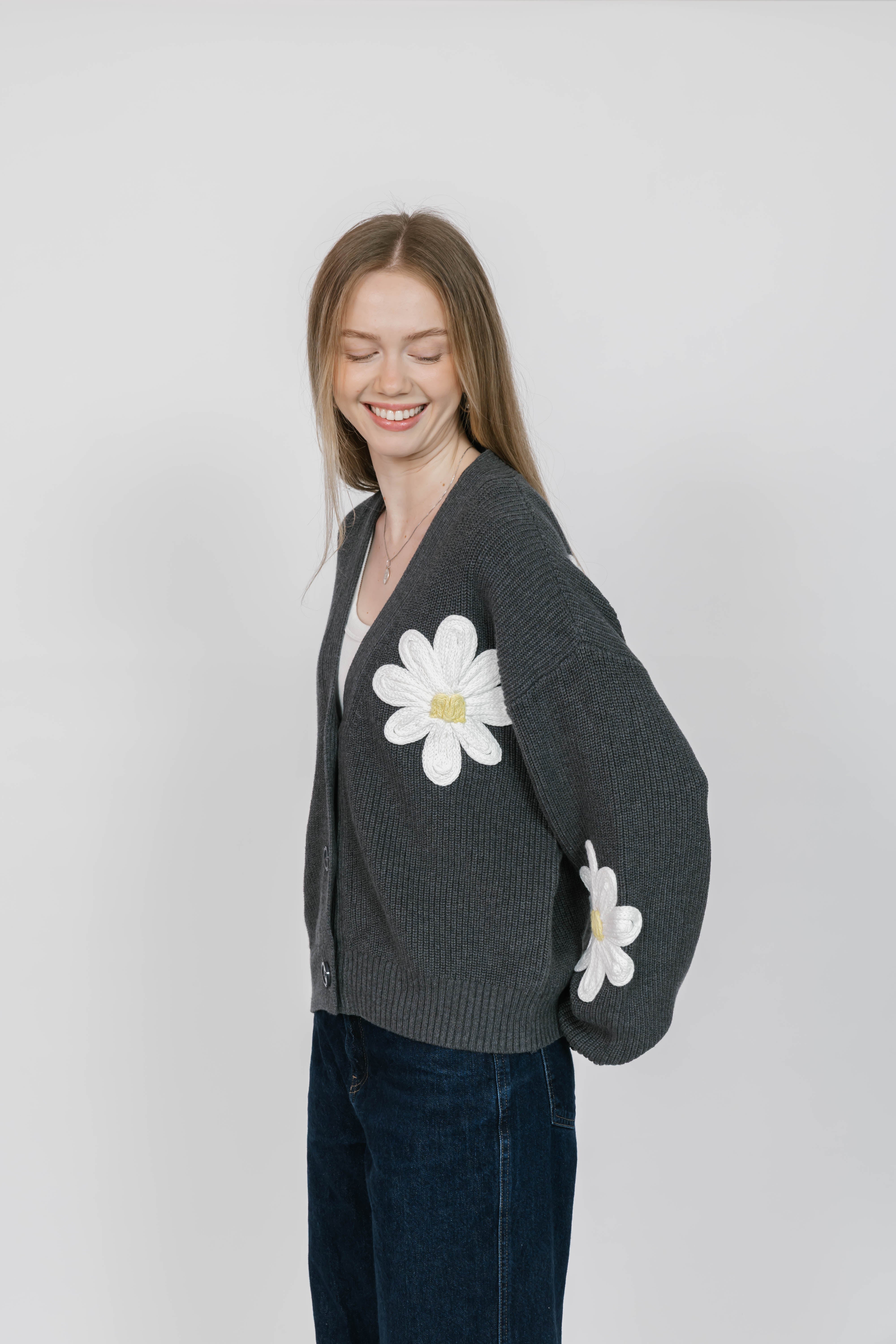 Nora Daisy Cardigan in Dark Grey/Ivory