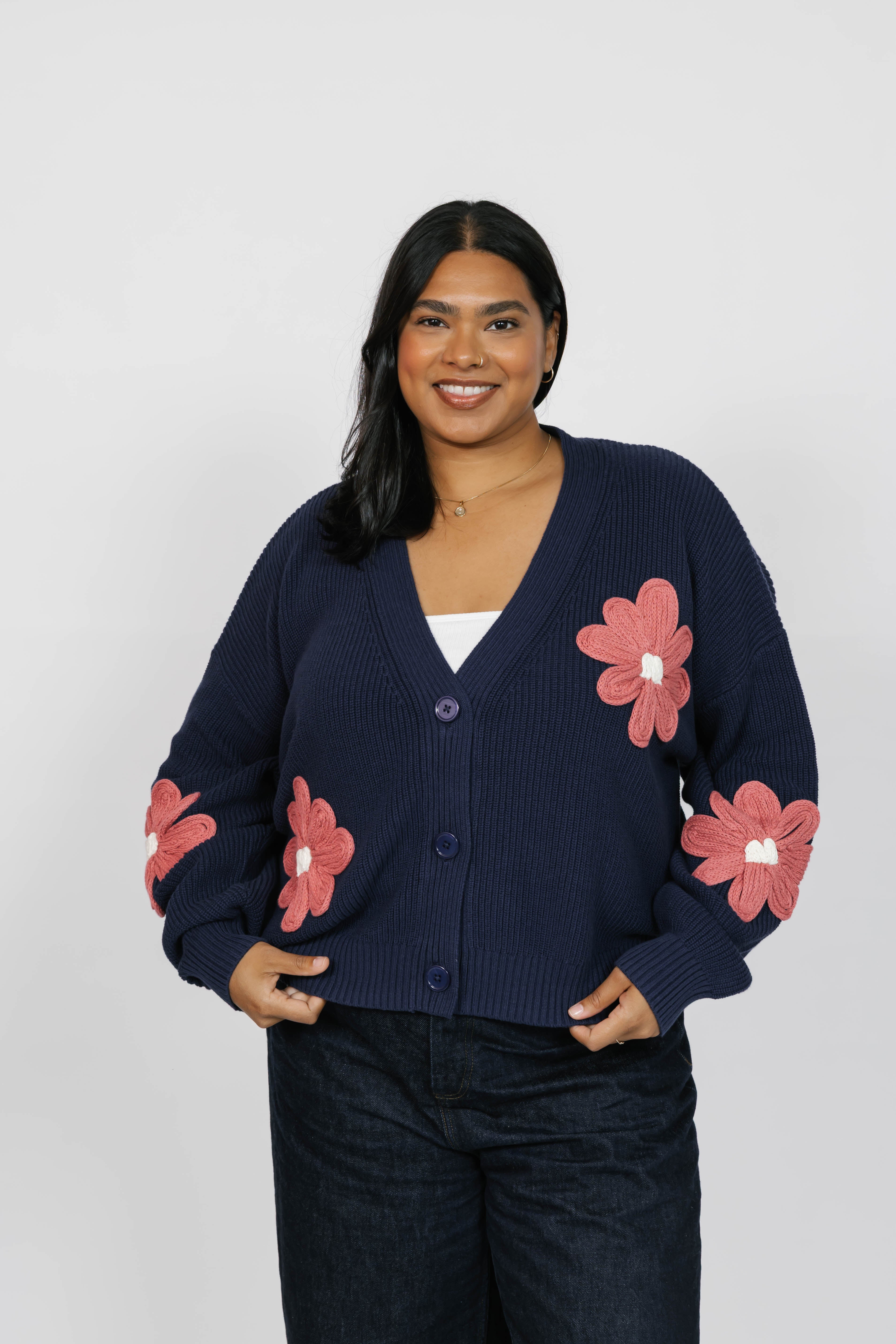 Nora Daisy Cardigan in Navy/Brick