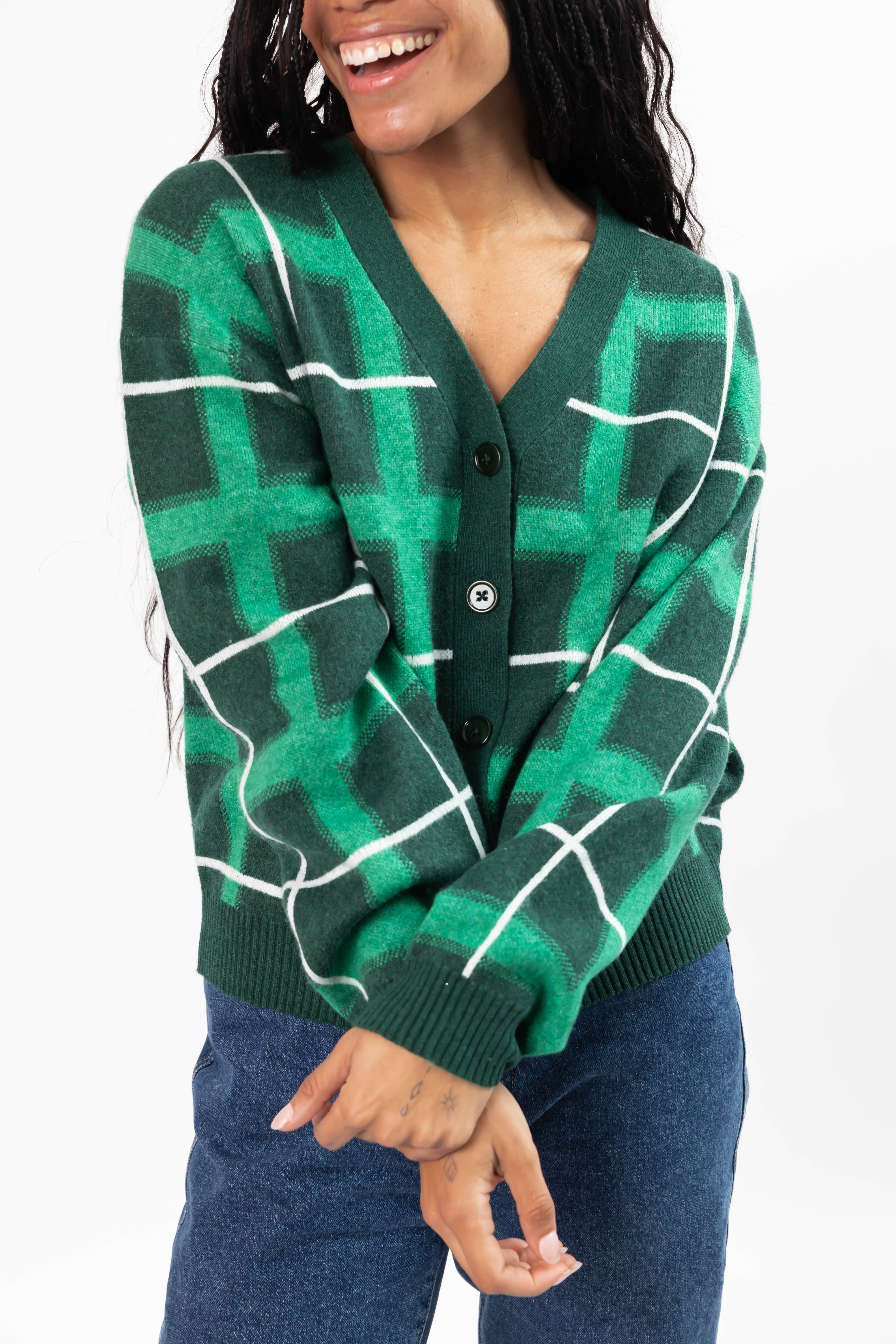 Plaid Cardigan in Green Combo
