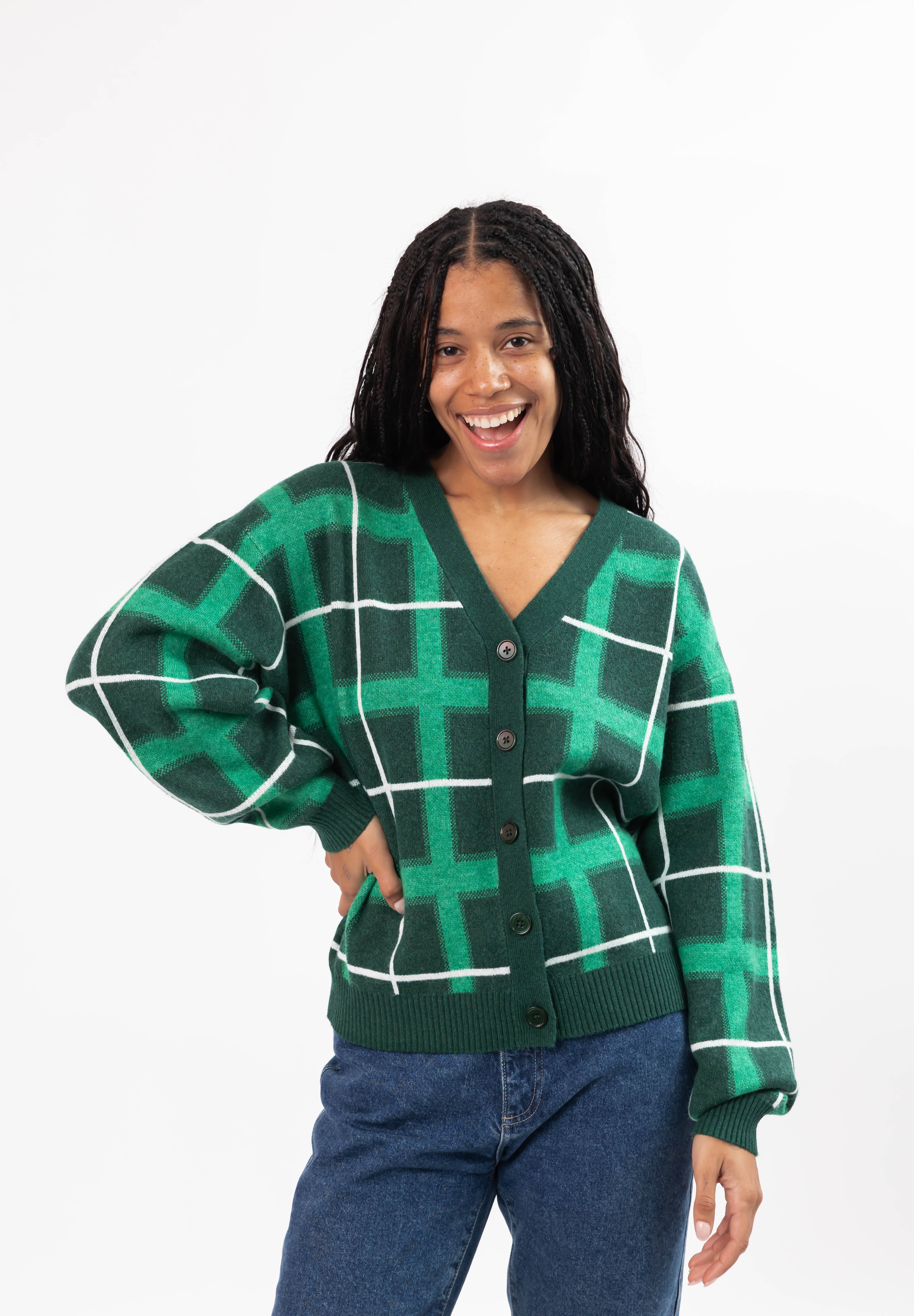 Plaid Cardigan in Green Combo