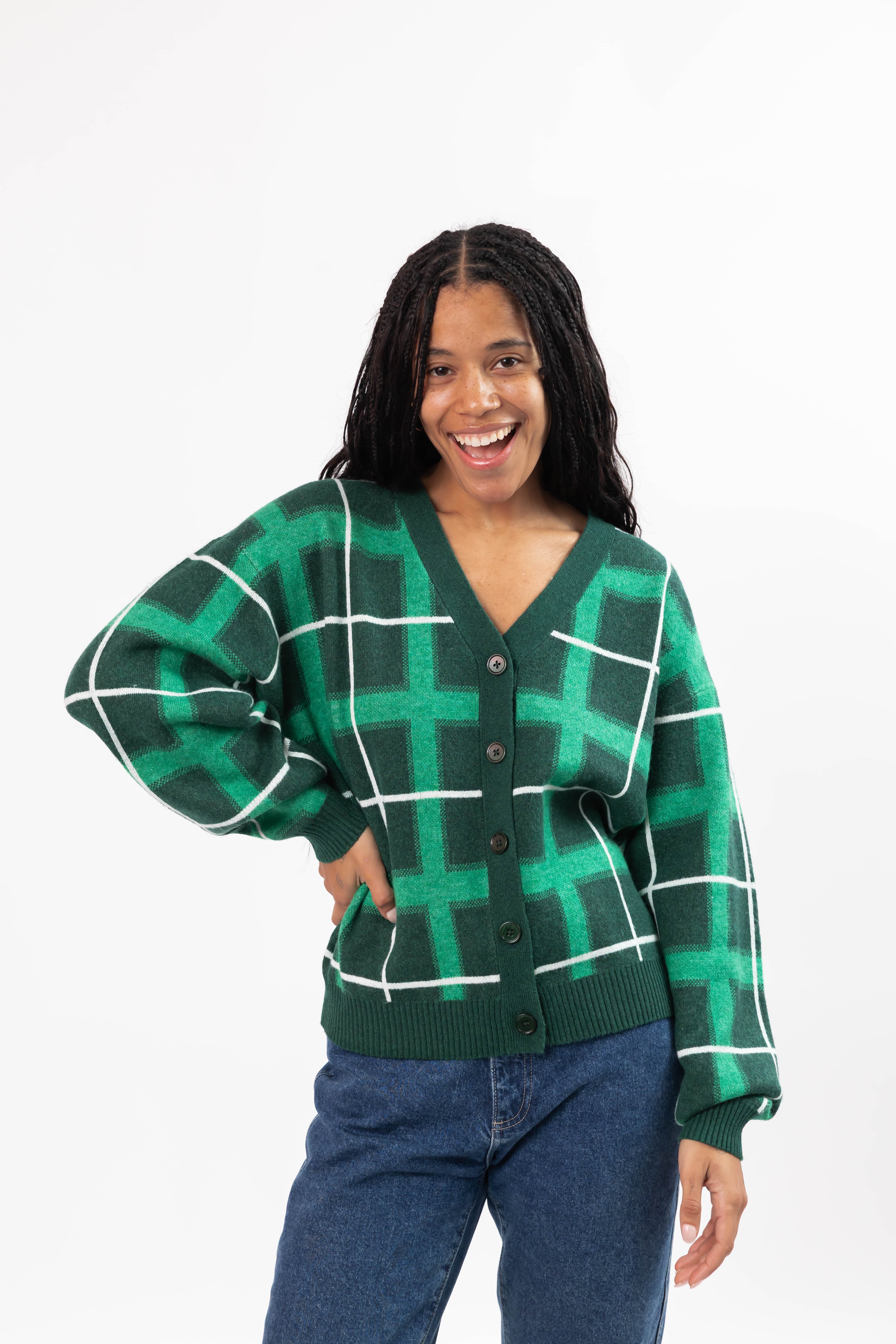 Plaid Cardigan in Green Combo