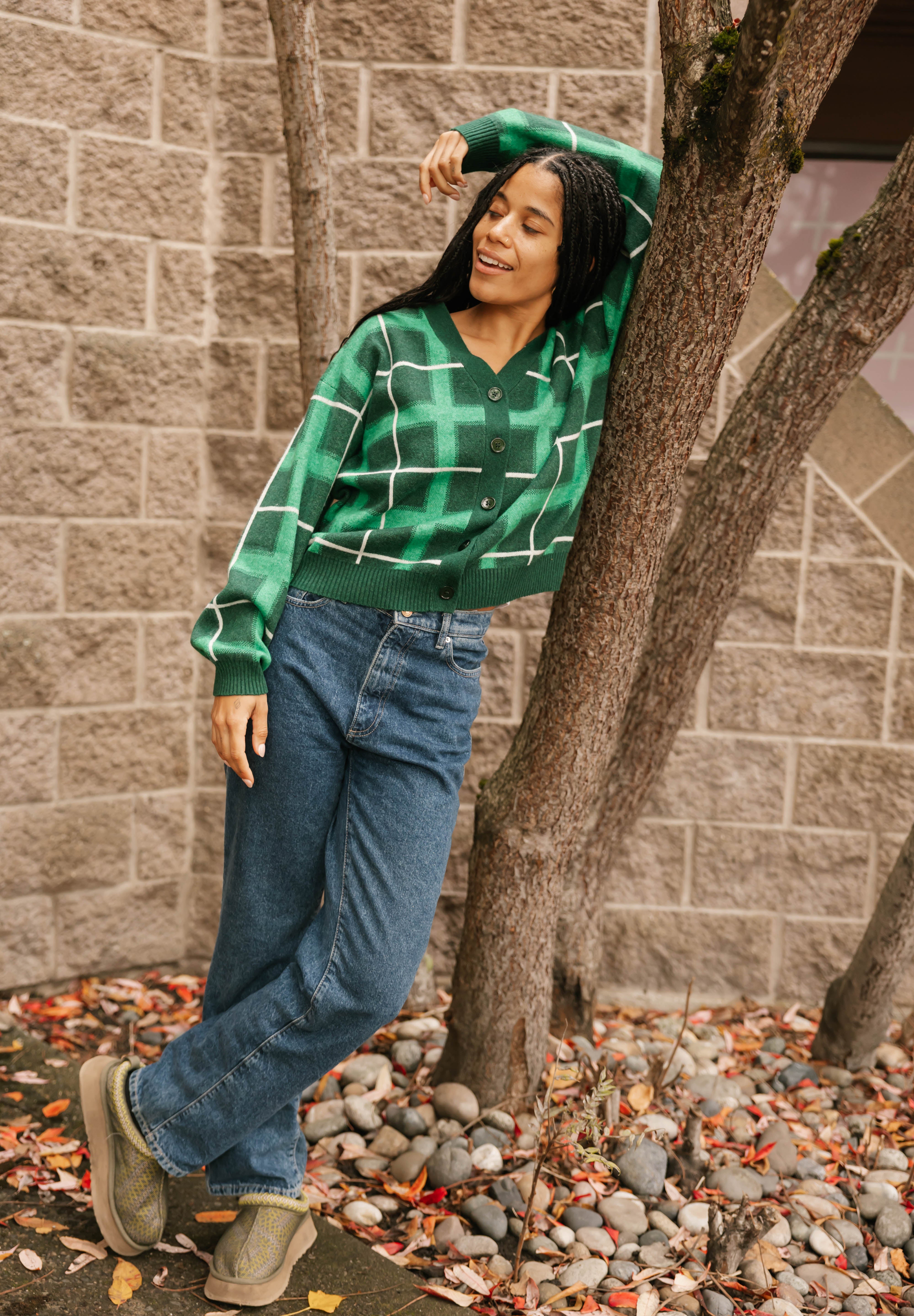 Plaid Cardigan in Green Combo