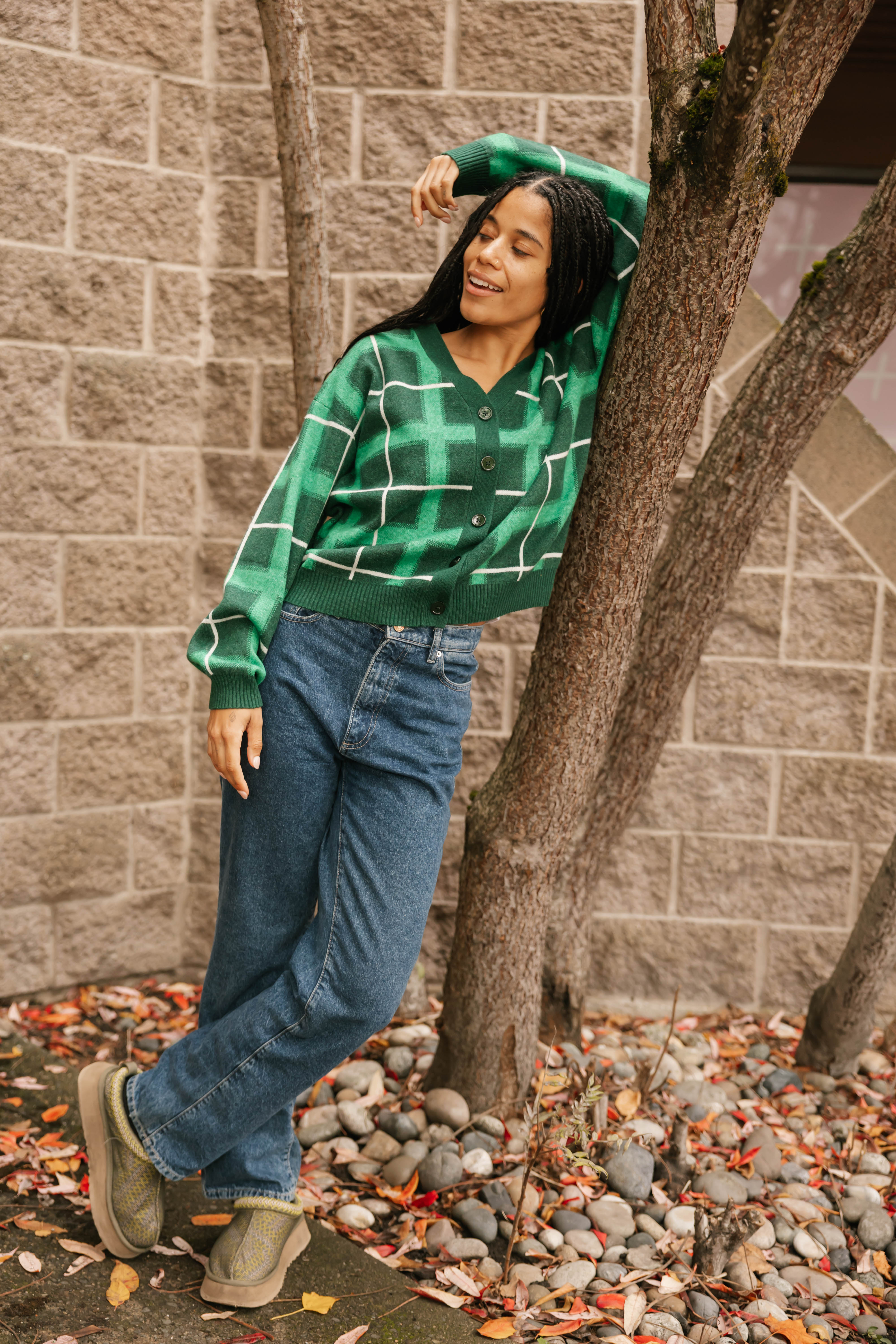 Plaid Cardigan in Green Combo