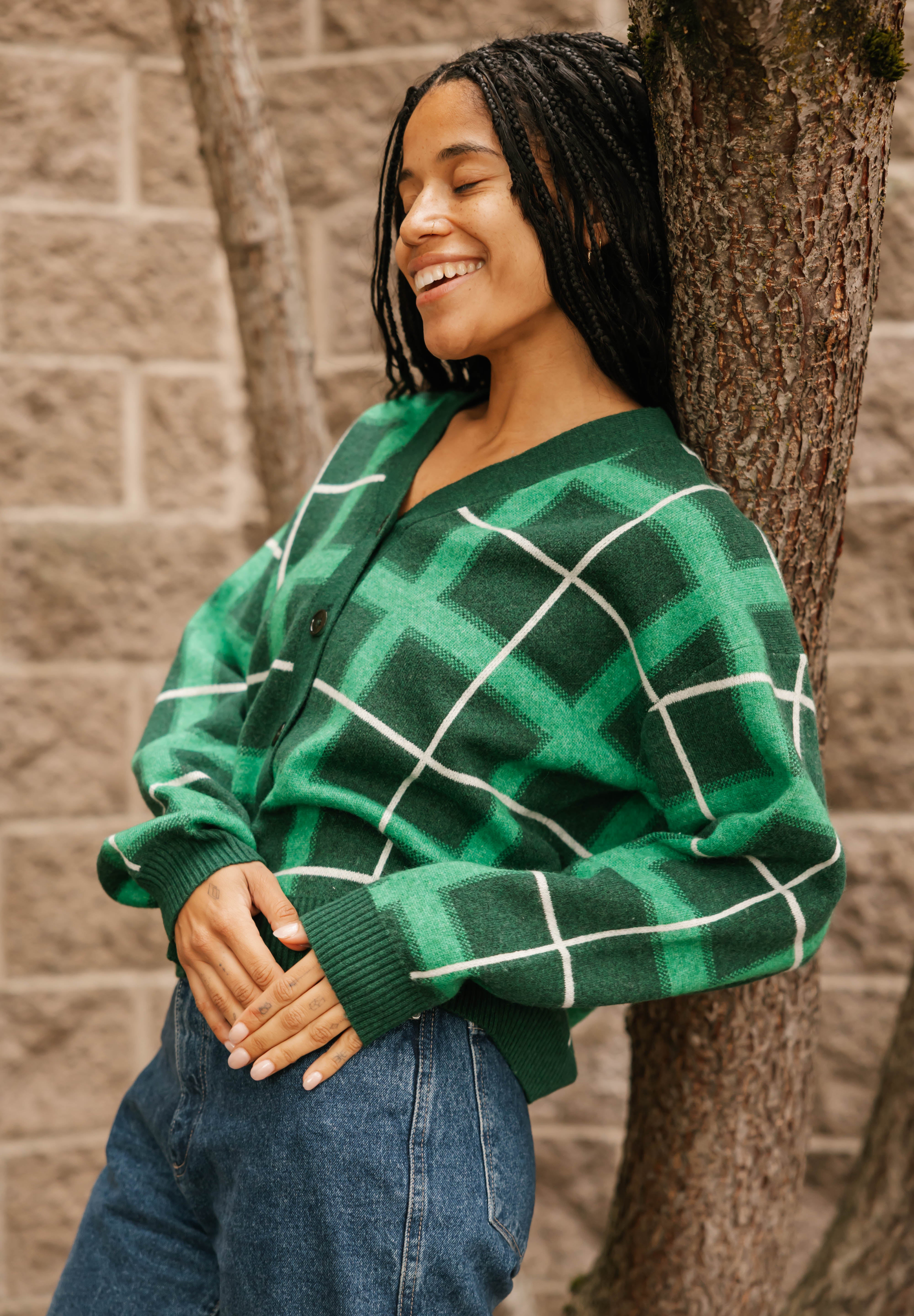 Plaid Cardigan in Green Combo