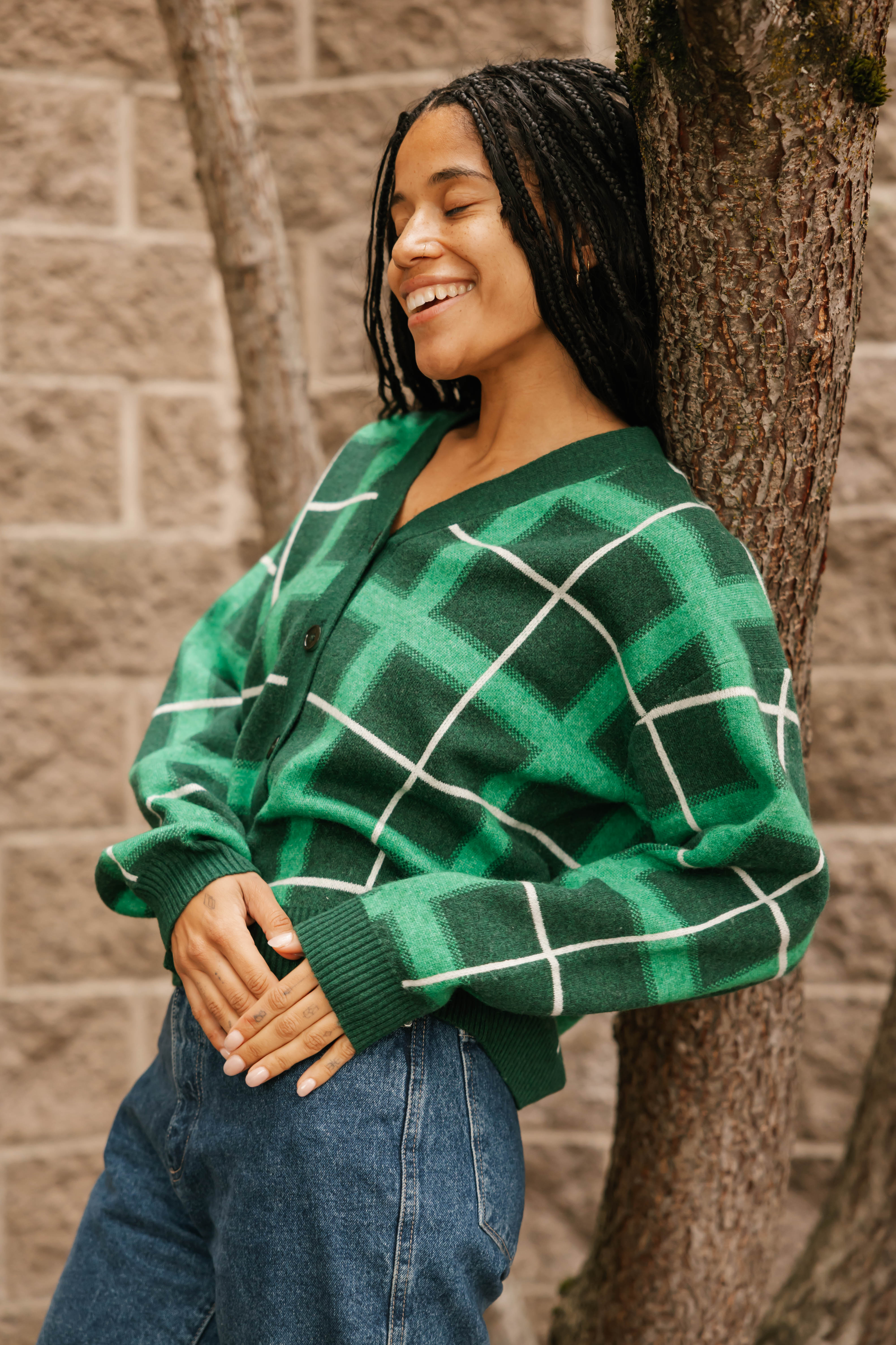 Plaid Cardigan in Green Combo