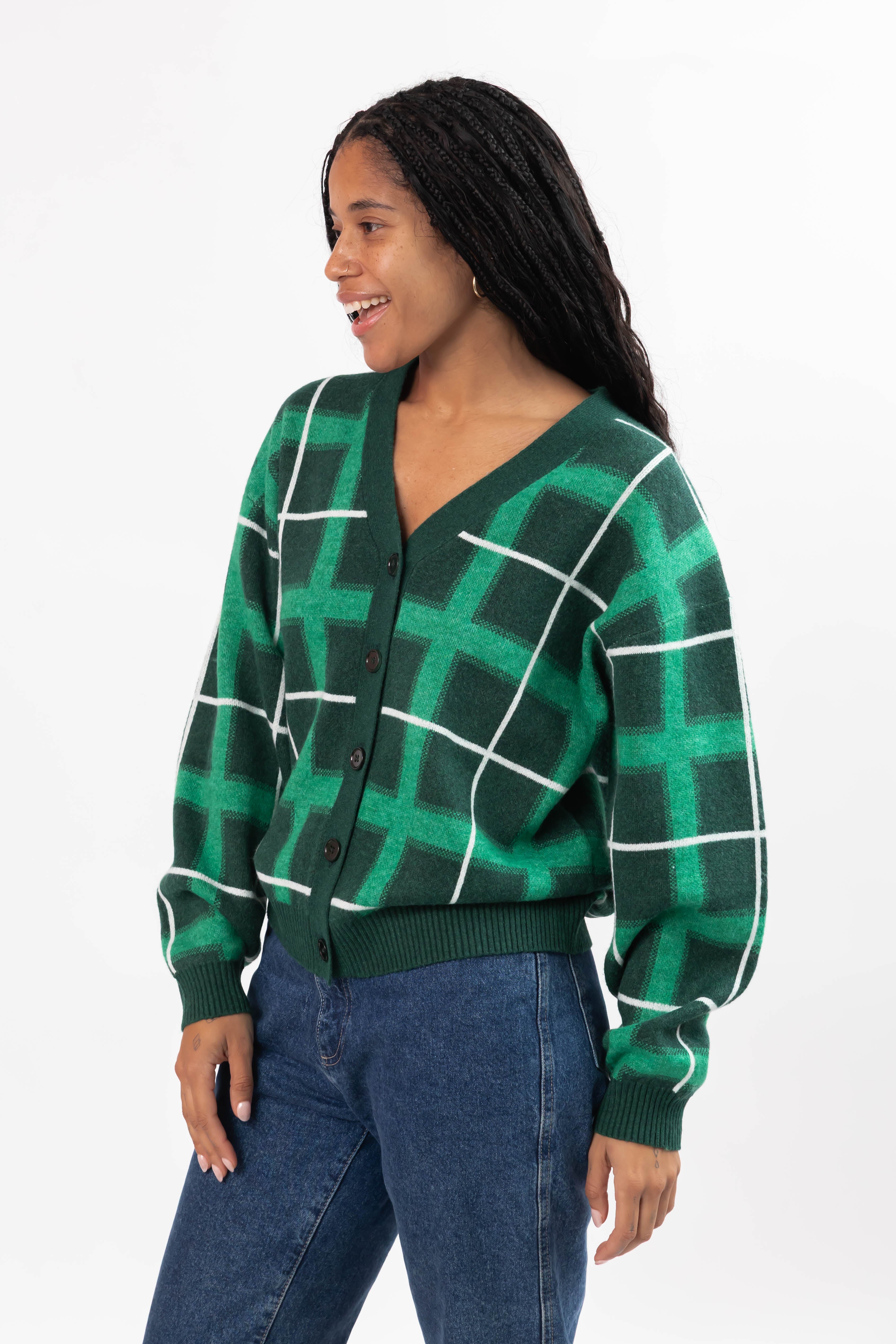 Plaid Cardigan in Green Combo