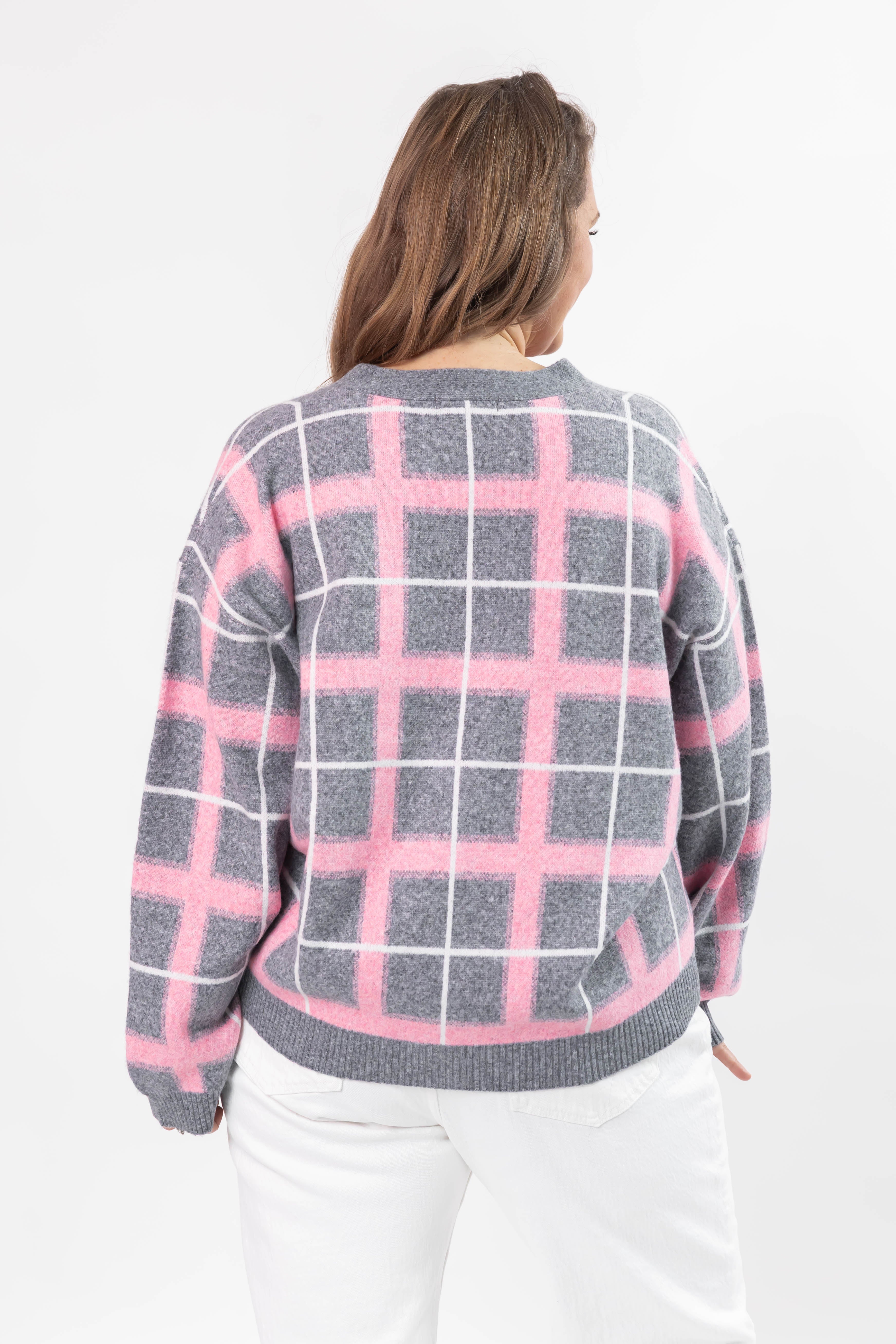 Plaid Cardigan in Grey/Pink Combo