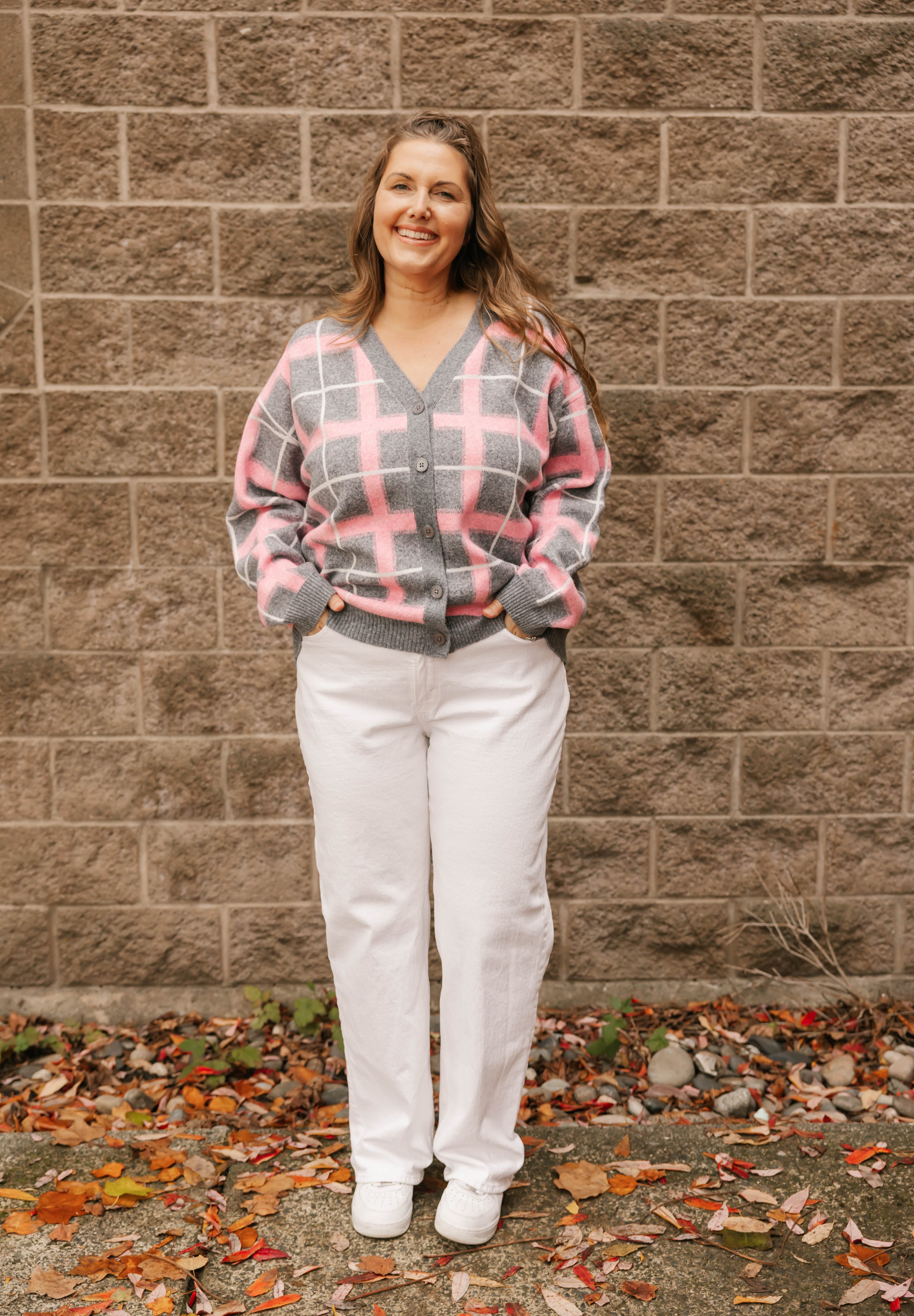 Plaid Cardigan in Grey/Pink Combo