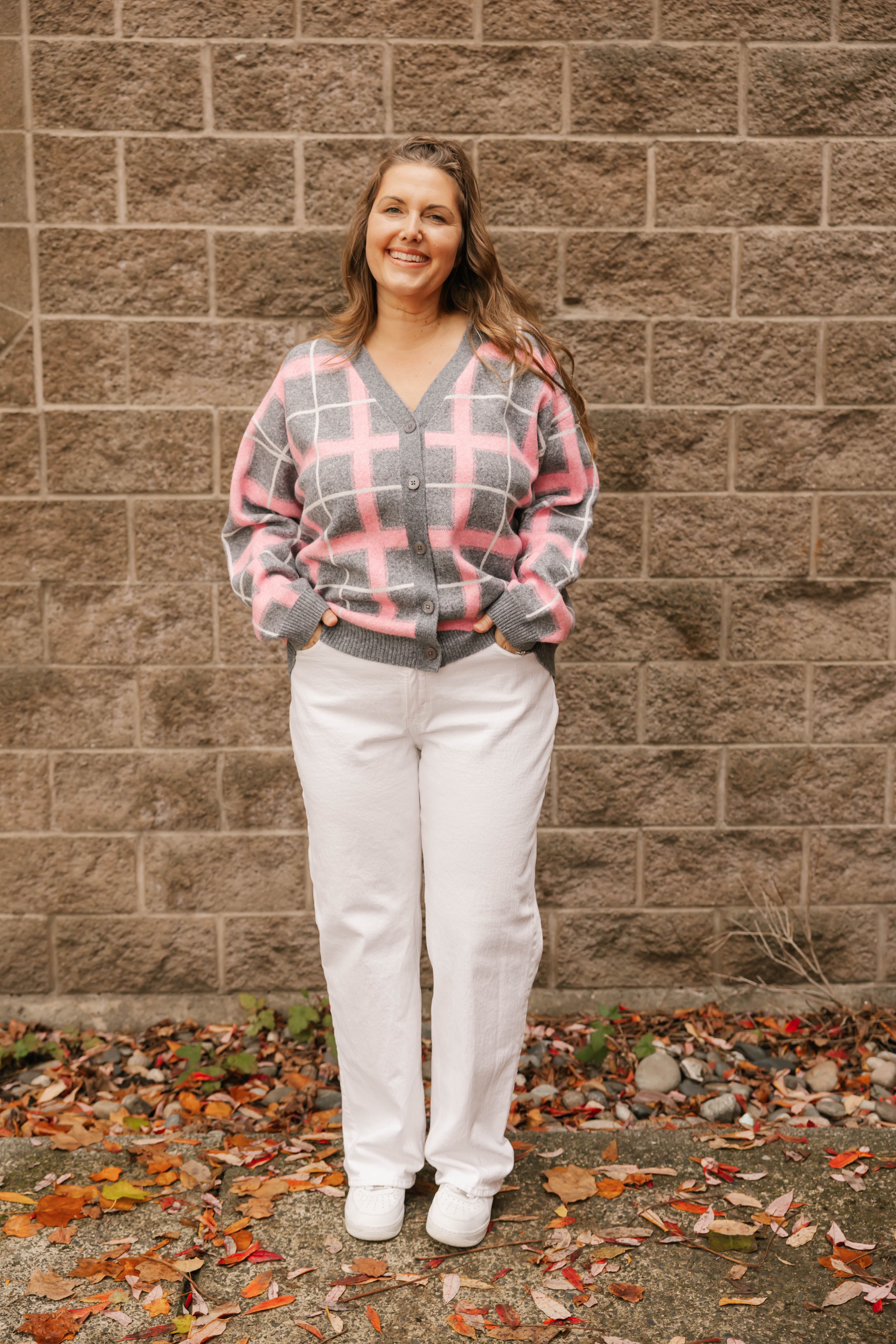 Plaid Cardigan in Grey/Pink Combo