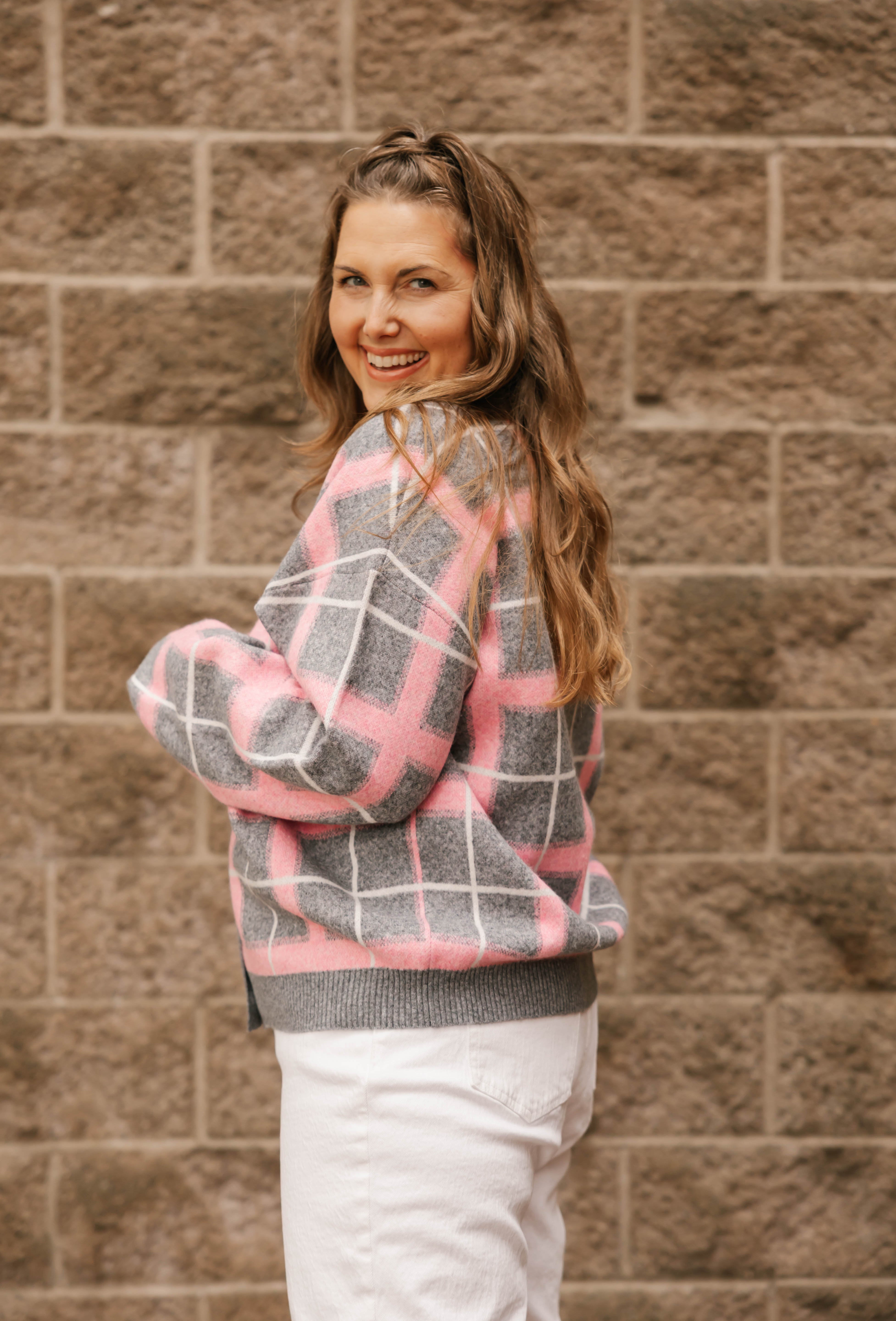 Plaid Cardigan in Grey/Pink Combo