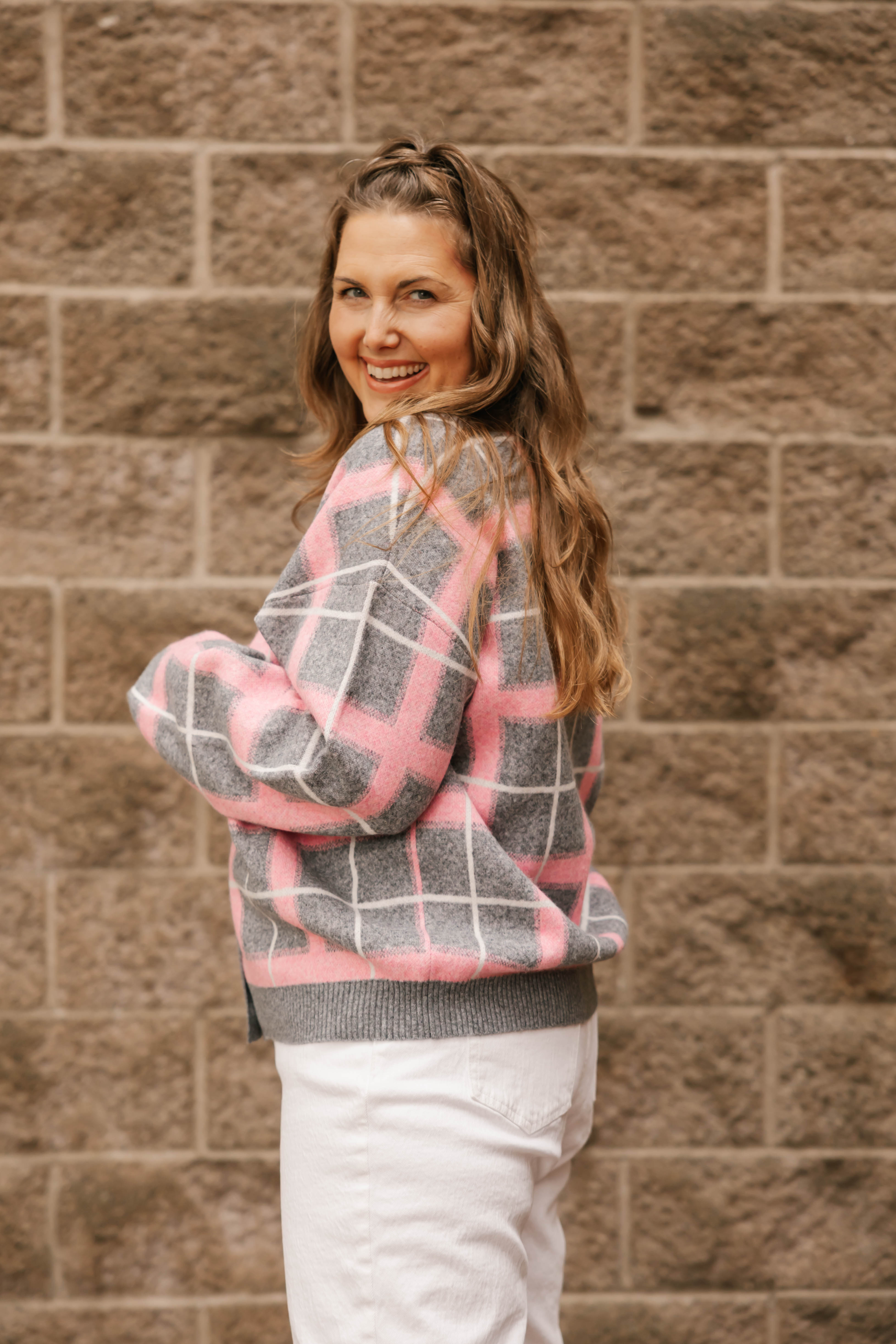 Plaid Cardigan in Grey/Pink Combo