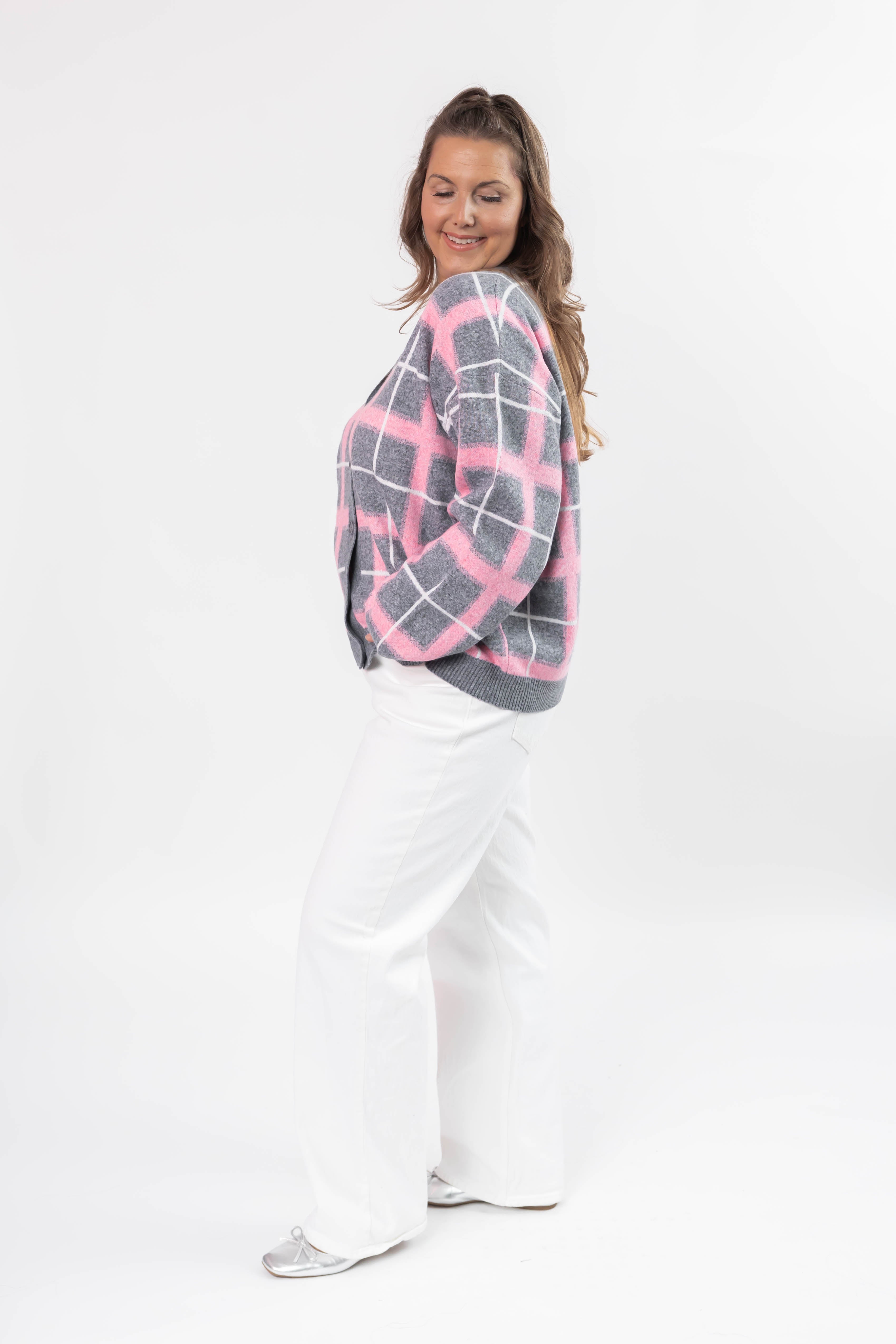 Plaid Cardigan in Grey/Pink Combo