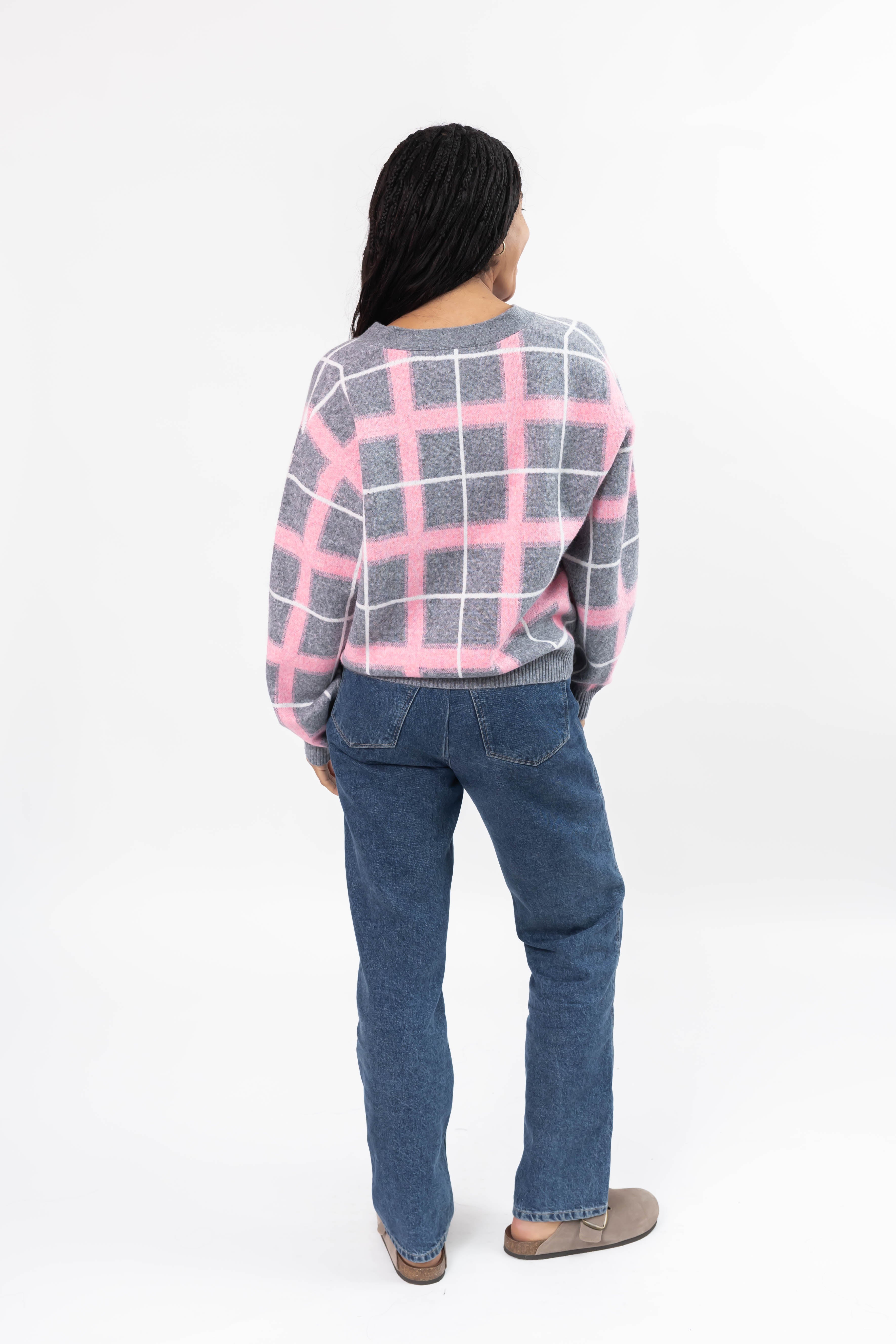 Plaid Cardigan in Grey/Pink Combo