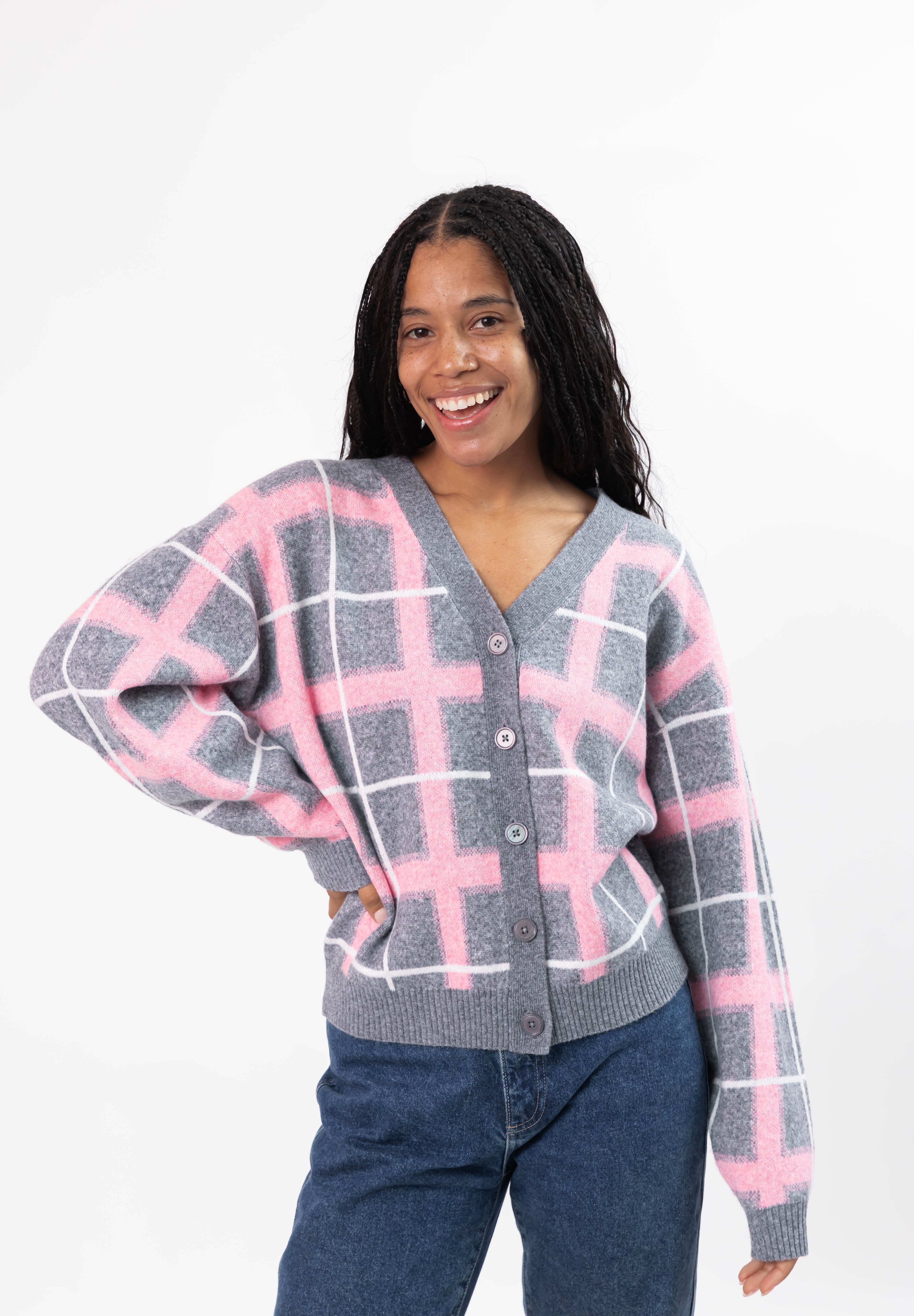 Plaid Cardigan in Grey/Pink Combo