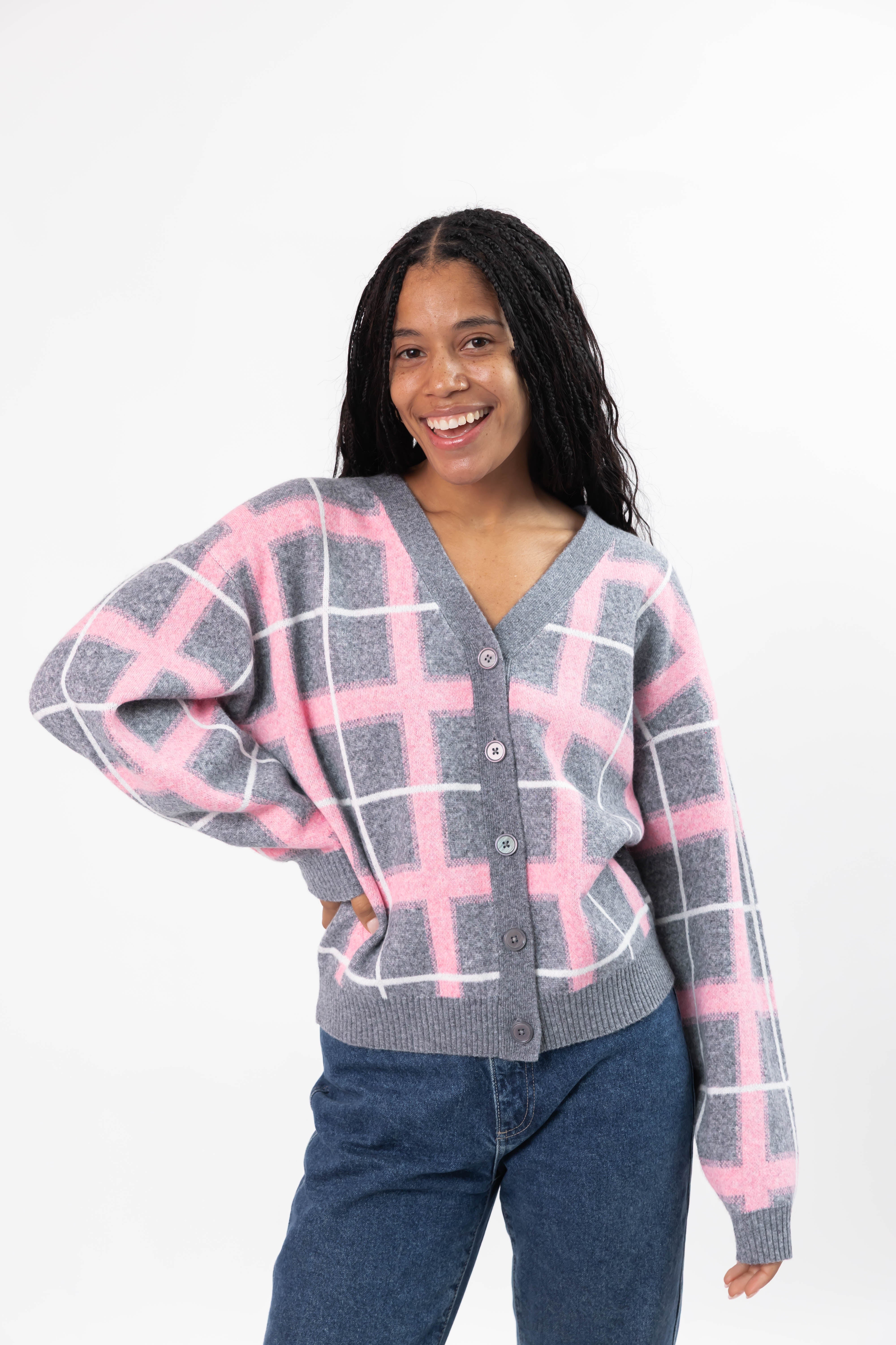 Plaid Cardigan in Grey/Pink Combo