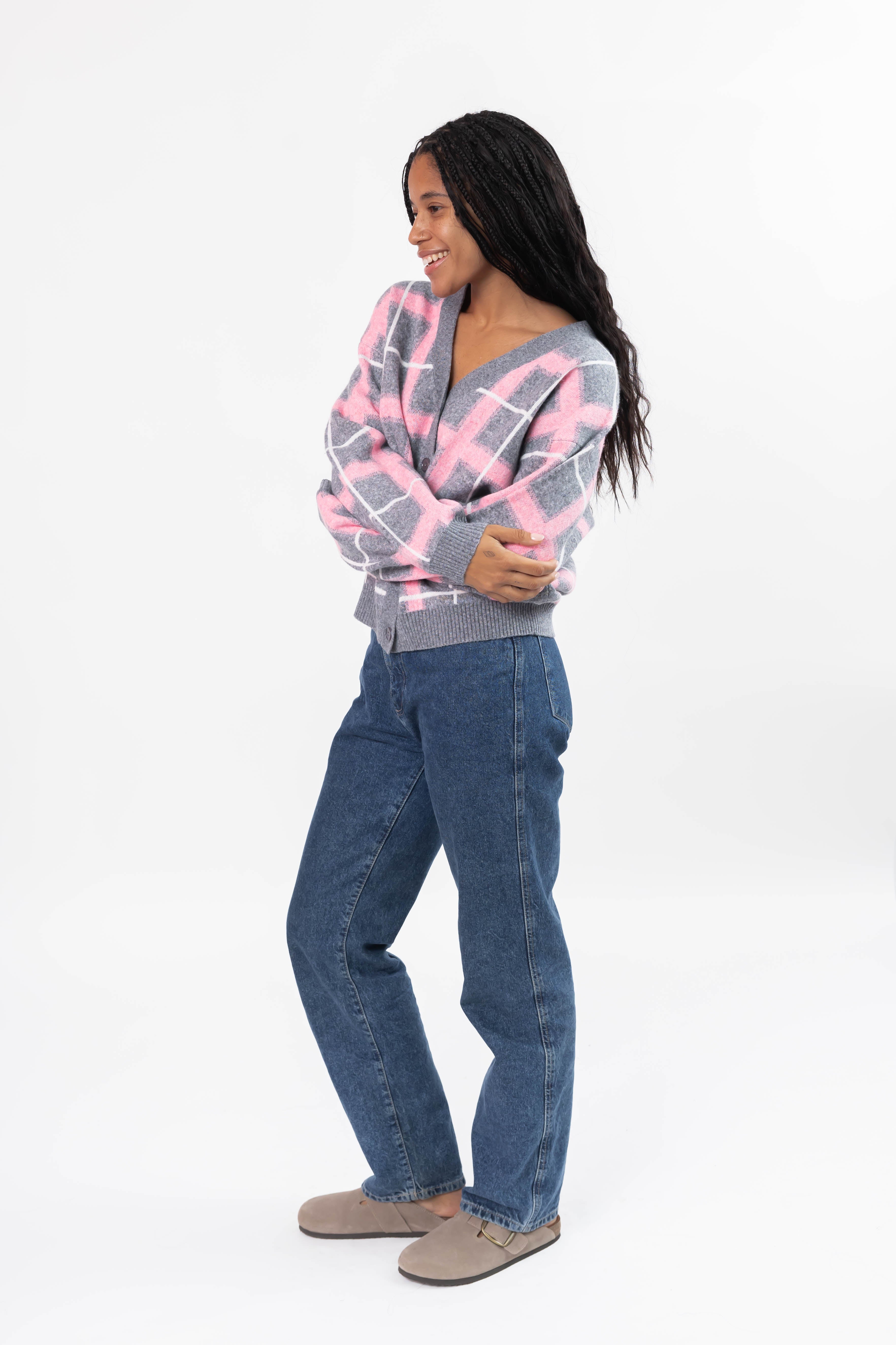 Plaid Cardigan in Grey/Pink Combo