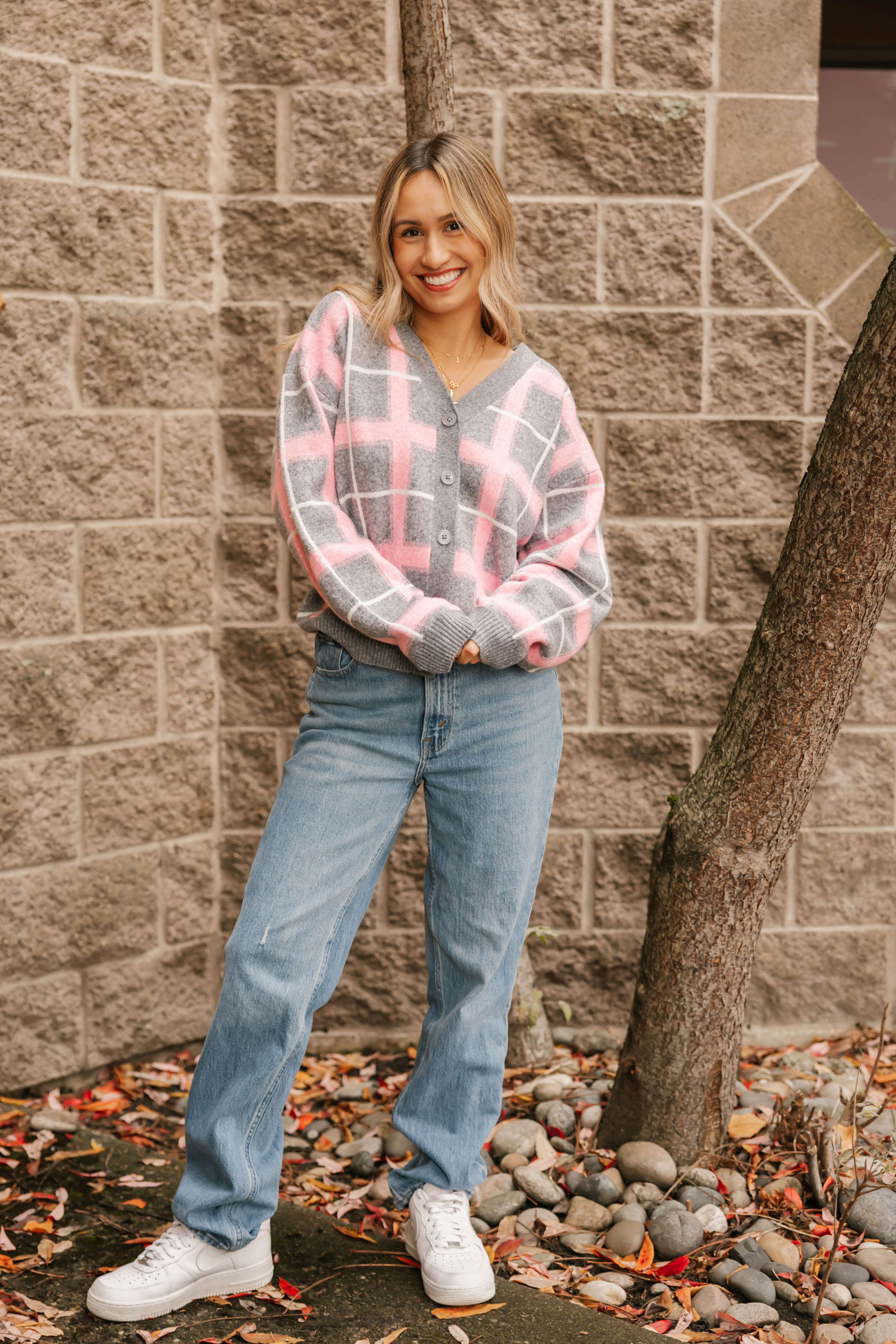 Plaid Cardigan in Grey/Pink Combo