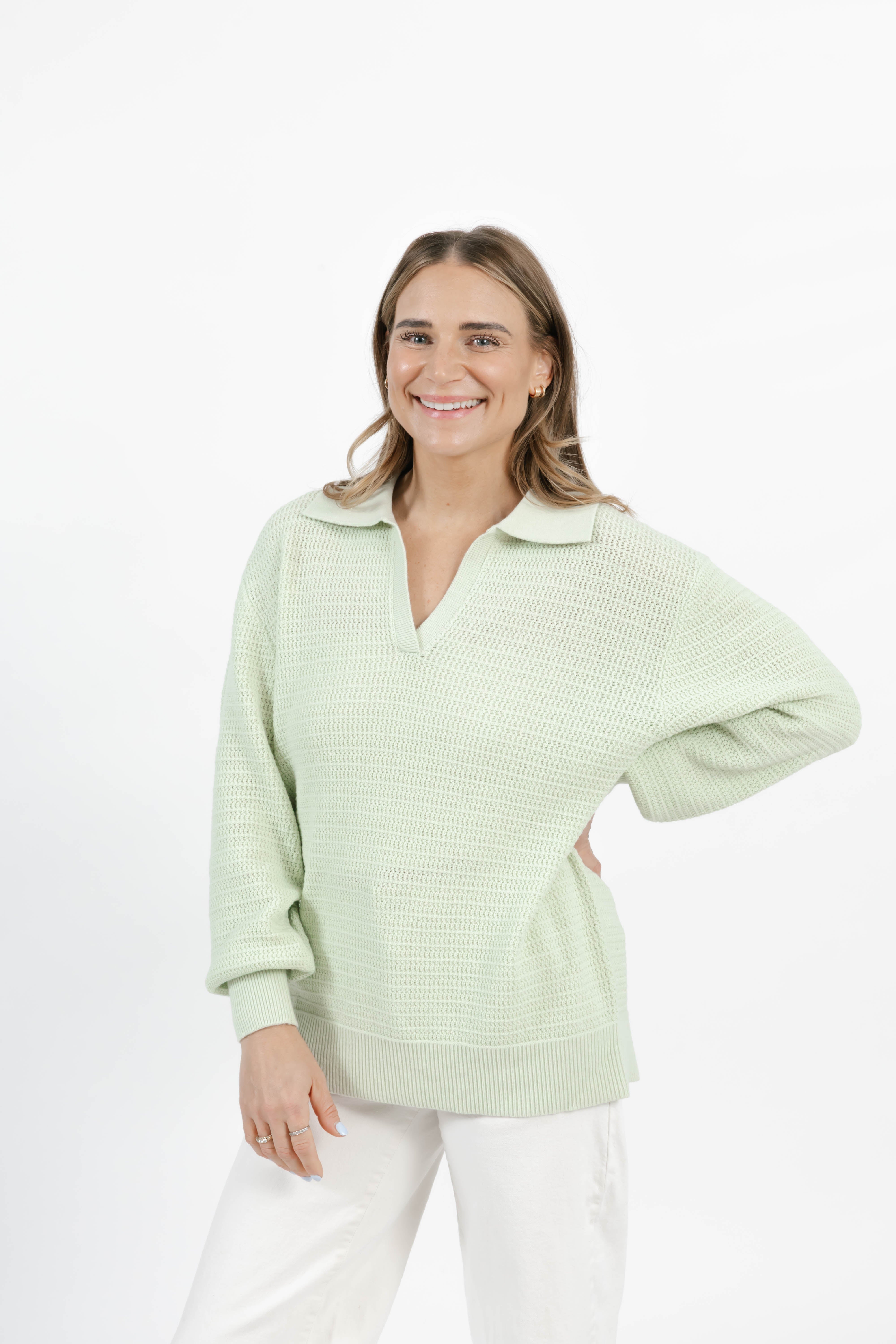 Megan Pointelle Sweater in Soft Green