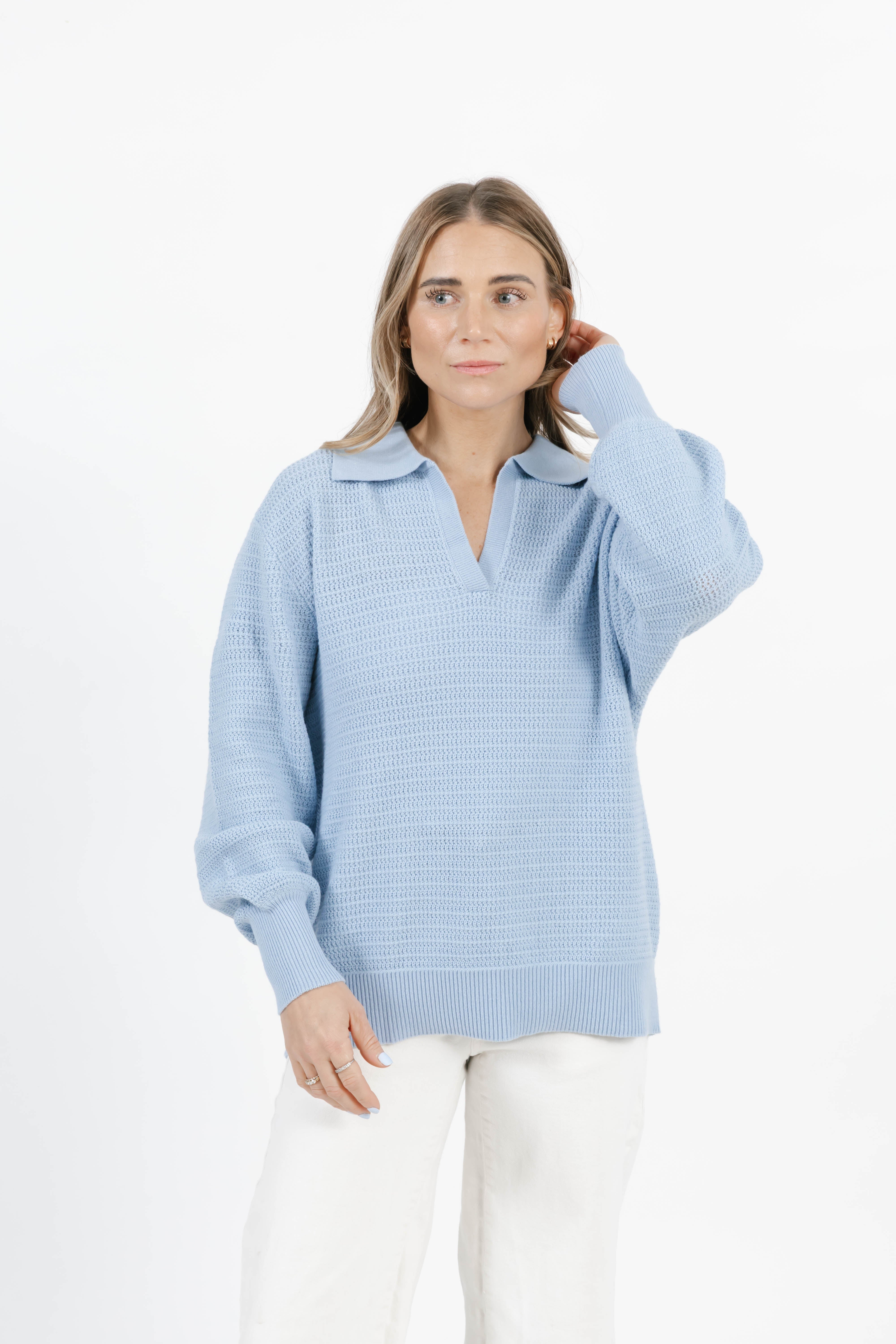 Megan Pointelle Sweater in Light Blue