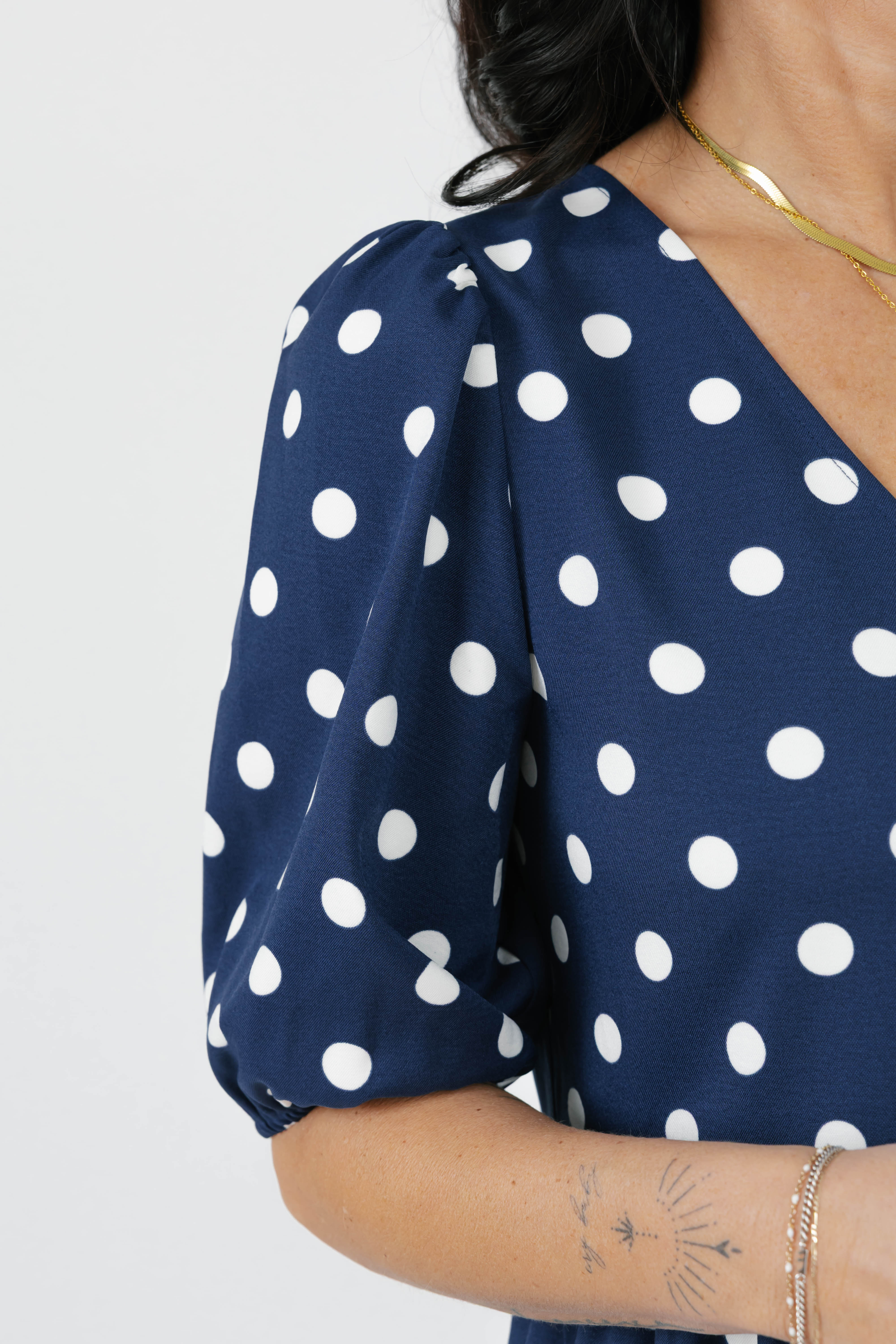 Lucy Polka Dot Midi Dress in Navy Blue