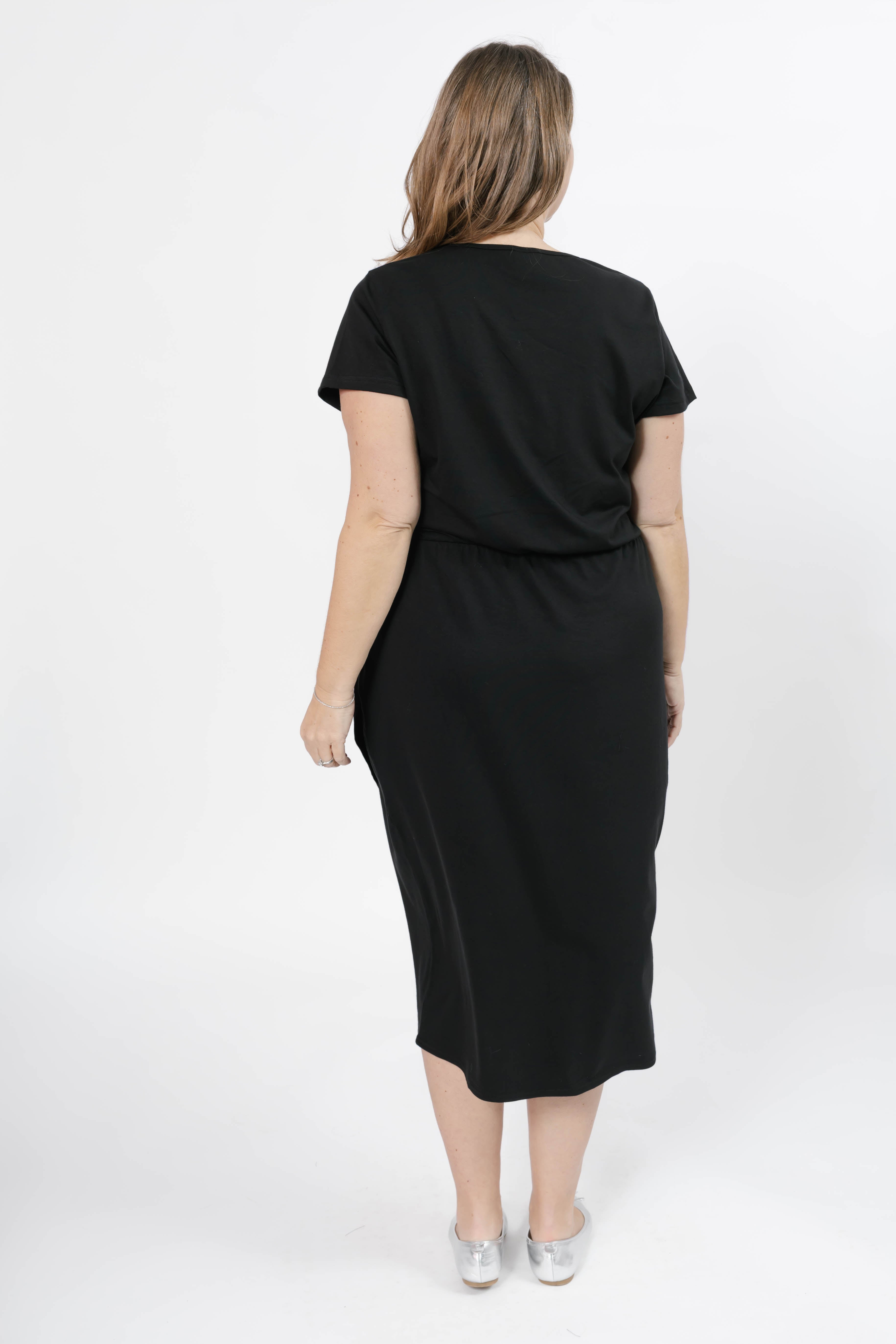Rebecca Wrap Midi Dress in Midnight Black