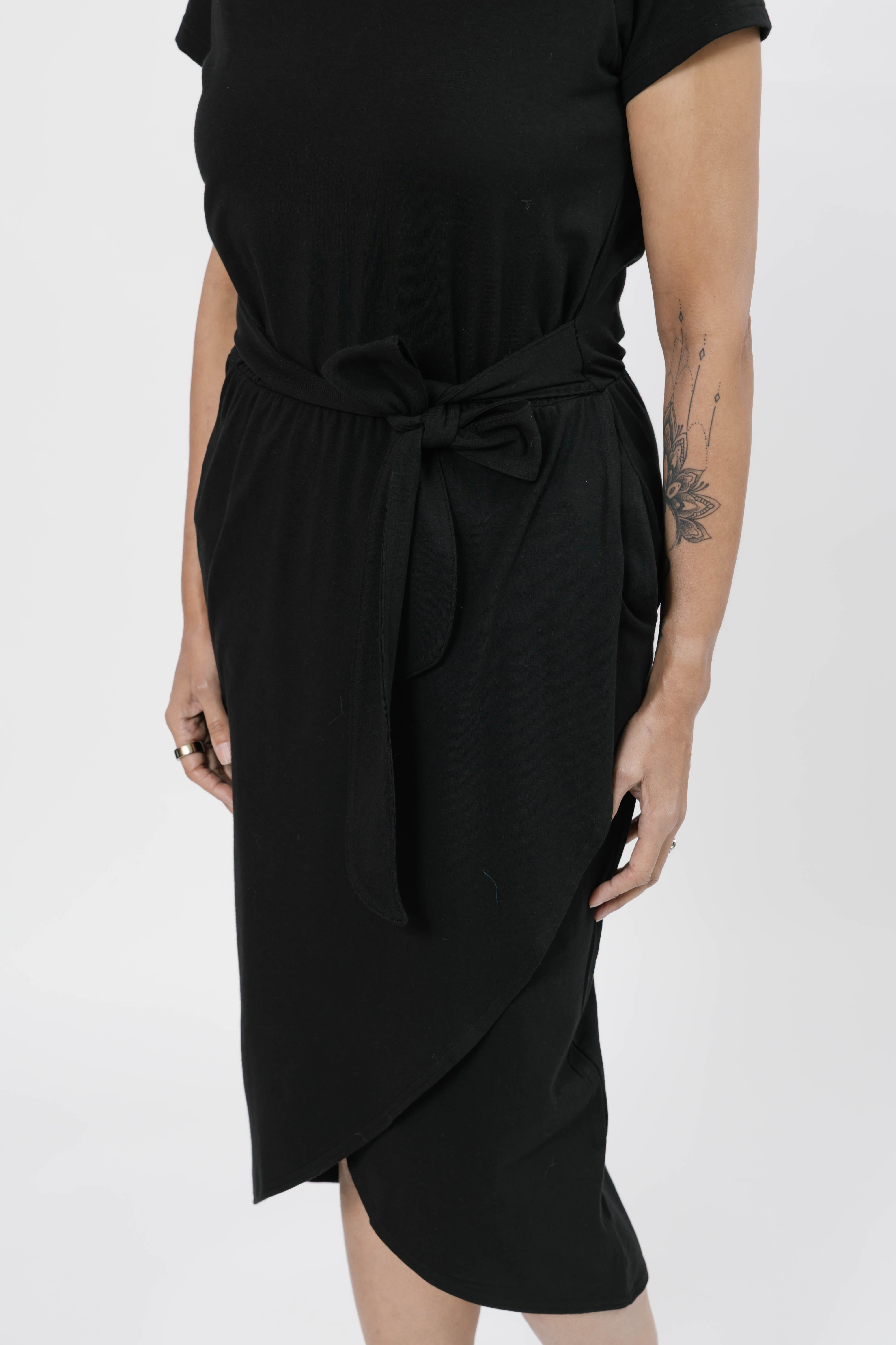 Rebecca Wrap Midi Dress in Midnight Black
