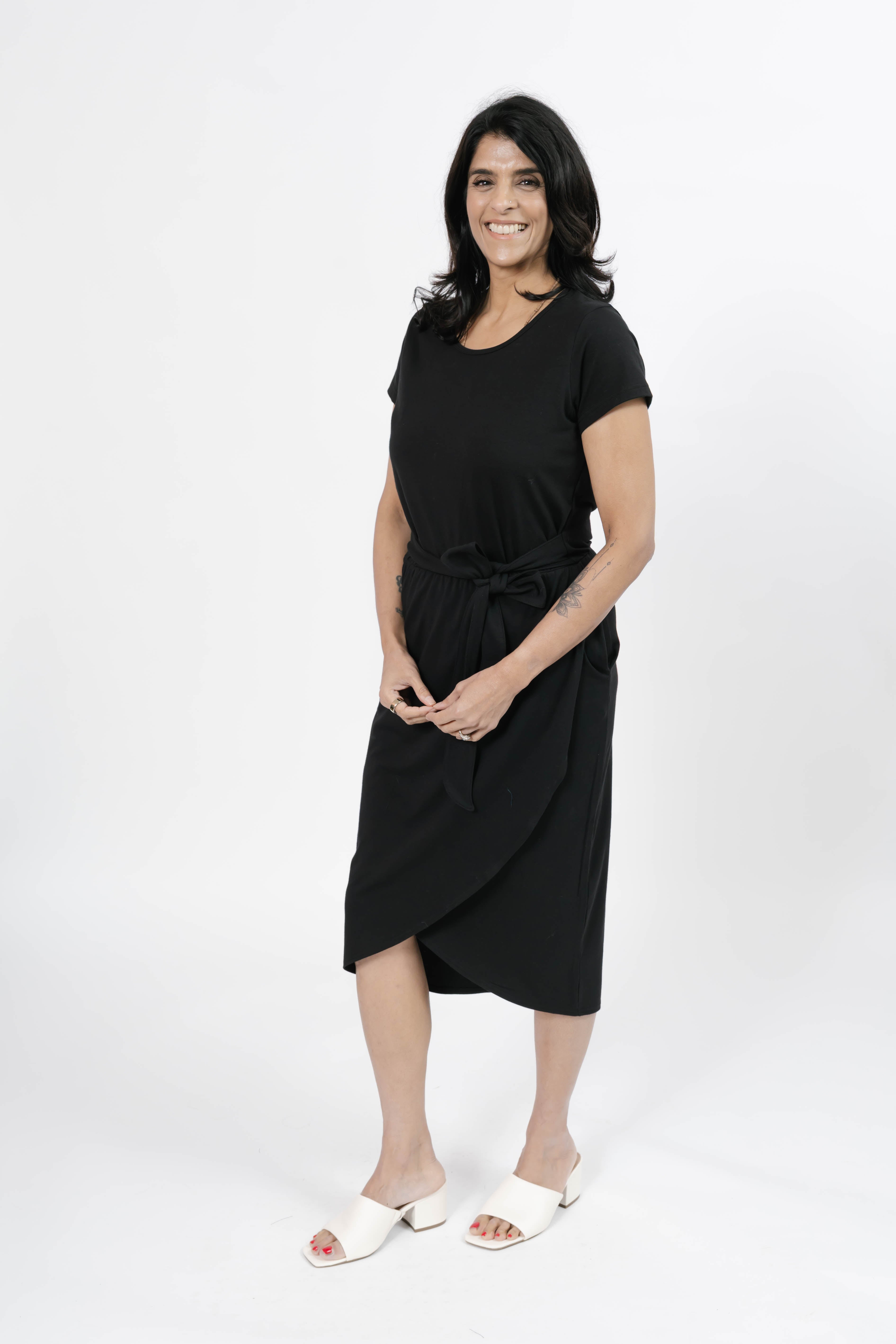 Rebecca Wrap Midi Dress in Midnight Black